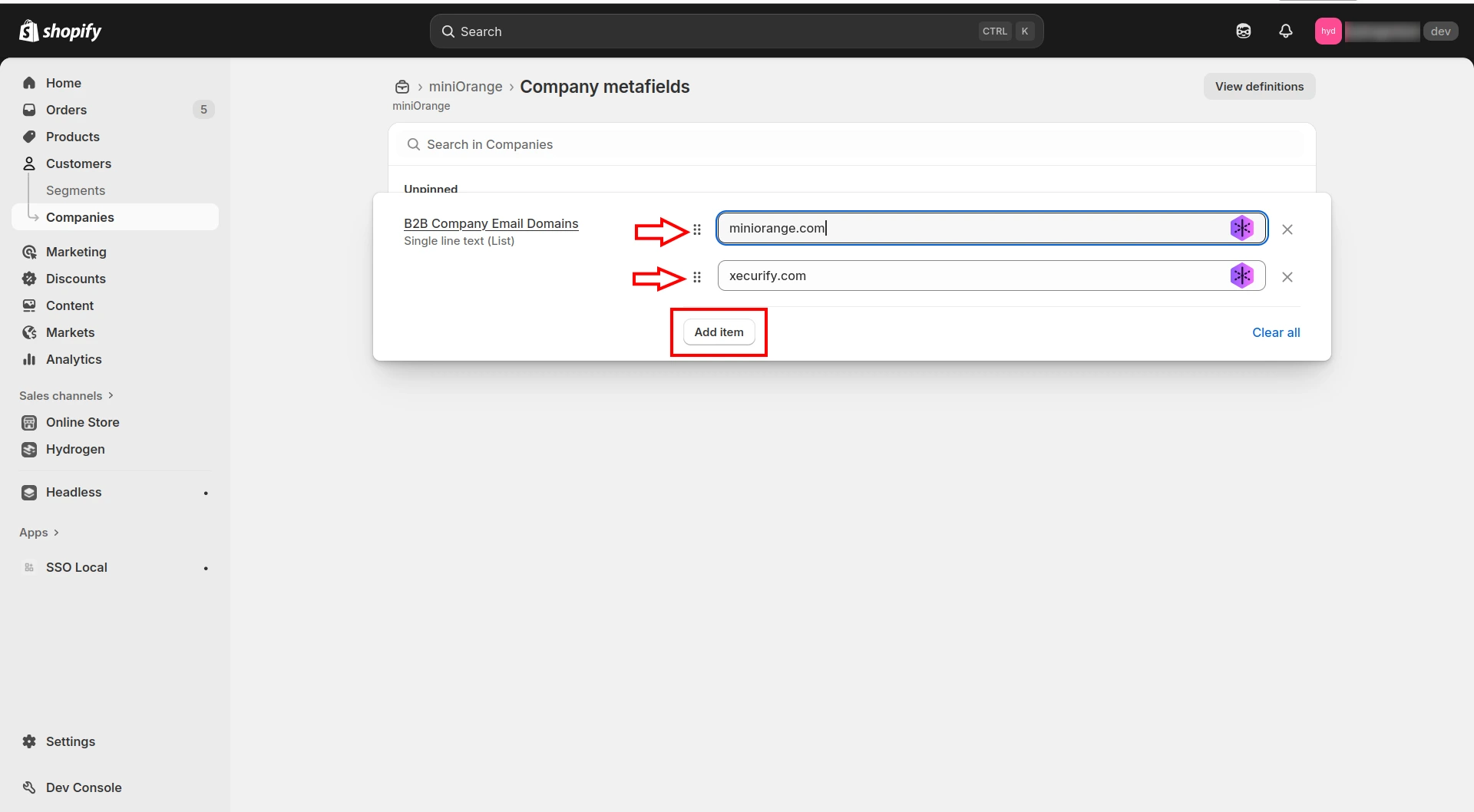 Company metafields editor adding B2B email domains for provisioning