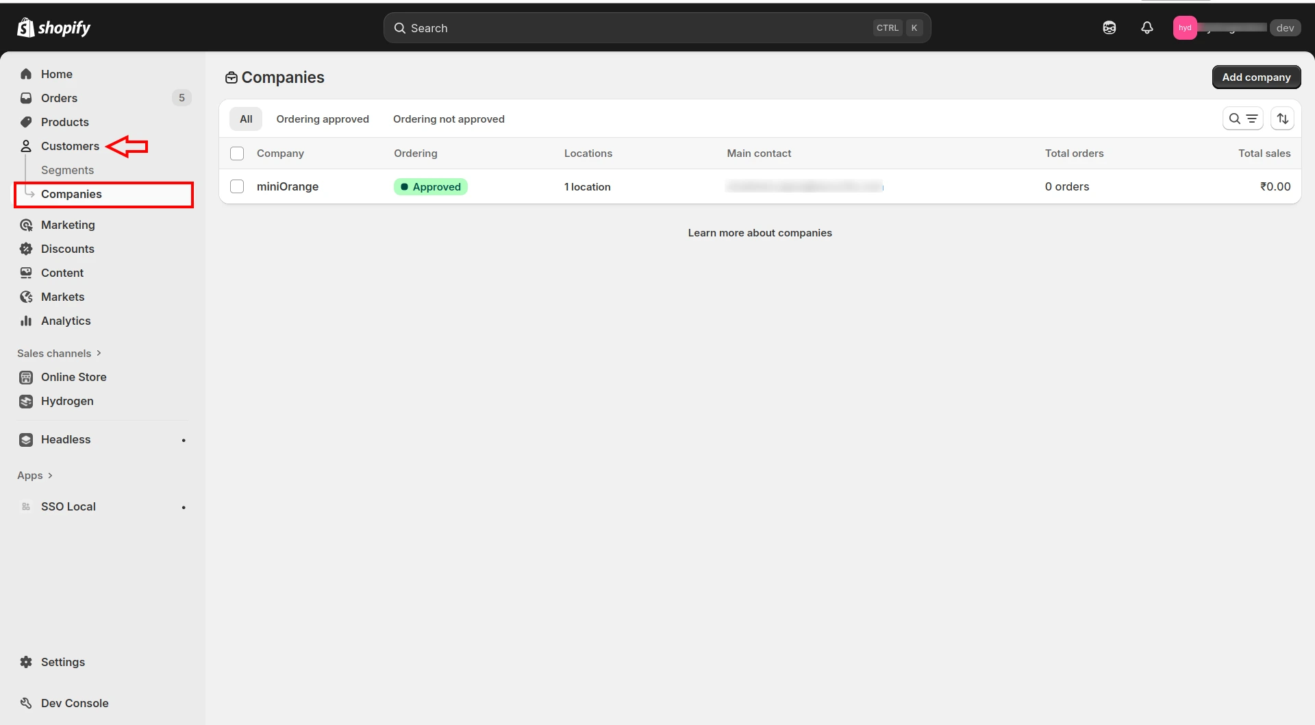 Shopify admin Customers Companies list for B2B company records