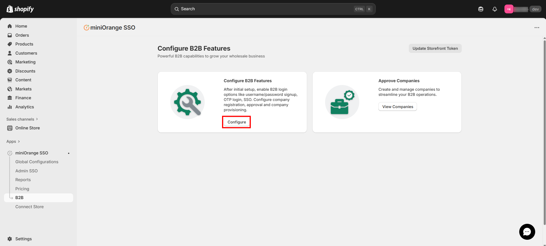 miniOrange B2B Configure B2B Features screen for company provisioning setup