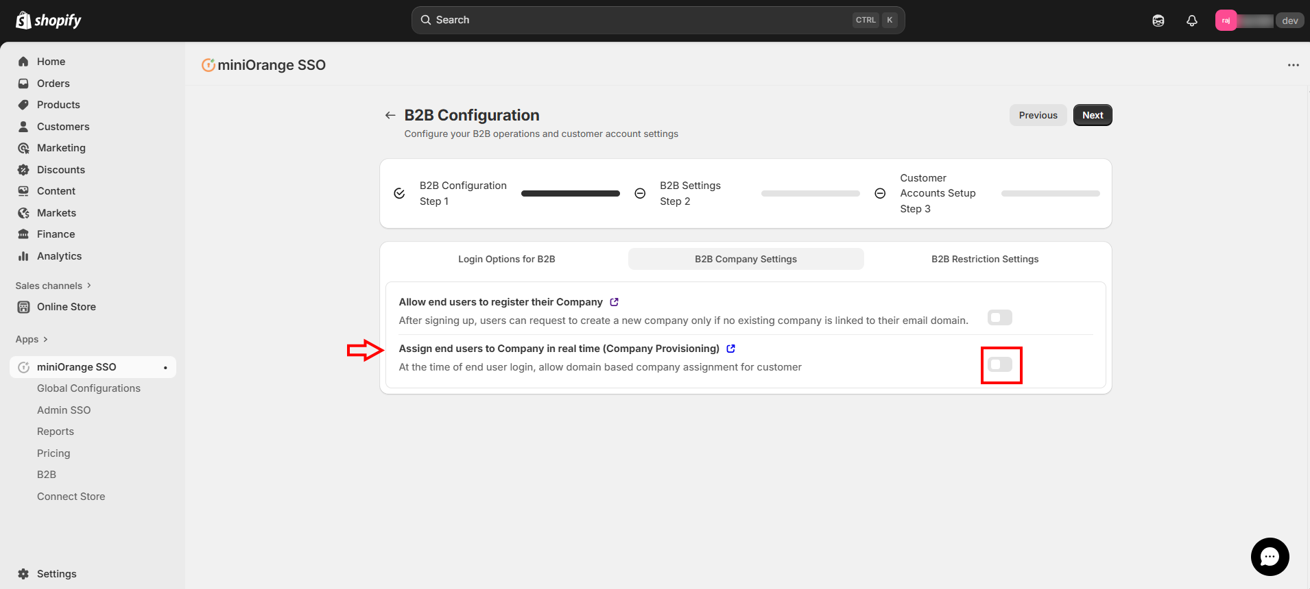 Toggle Assign End Users to Company in Real Time company provisioning enabled