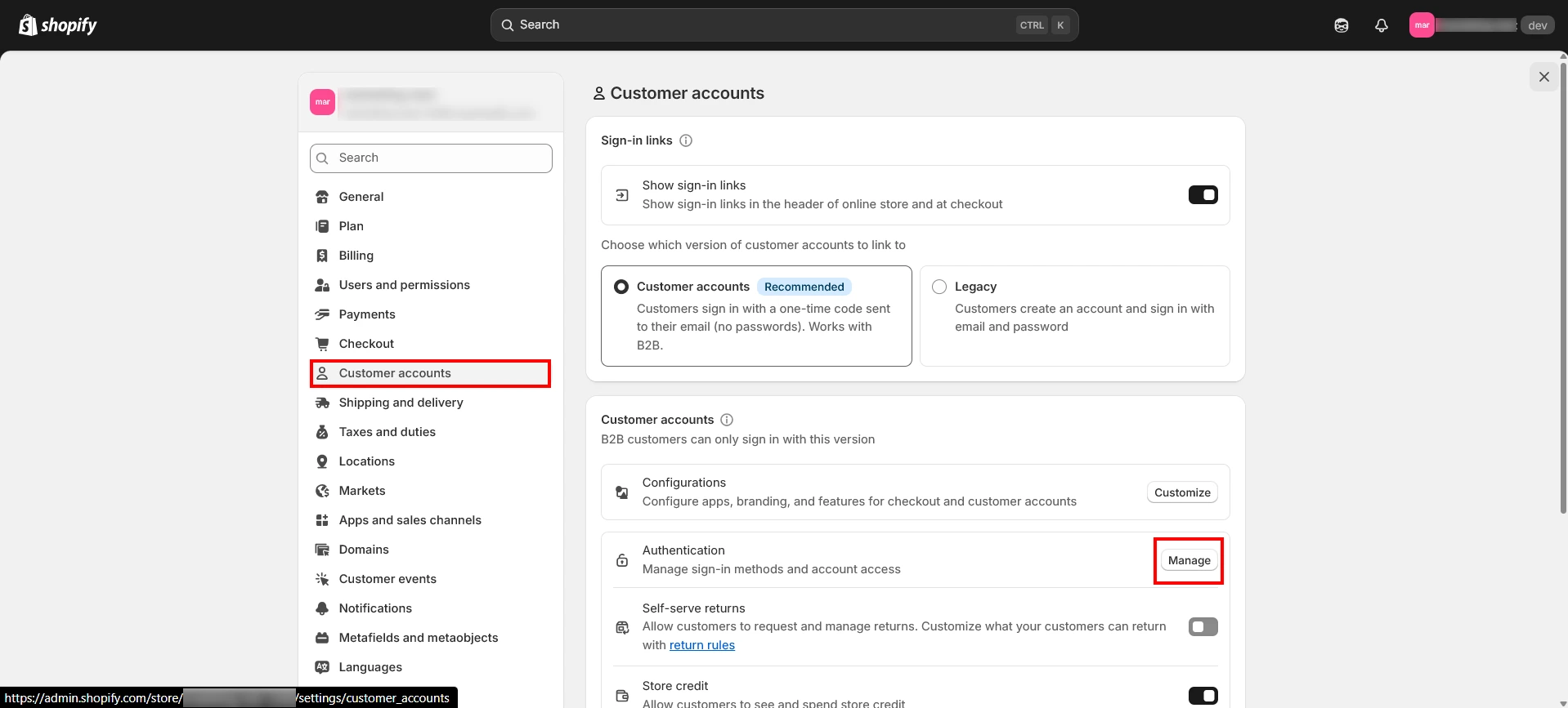 Customer accounts Authentication Manage button in Shopify Settings