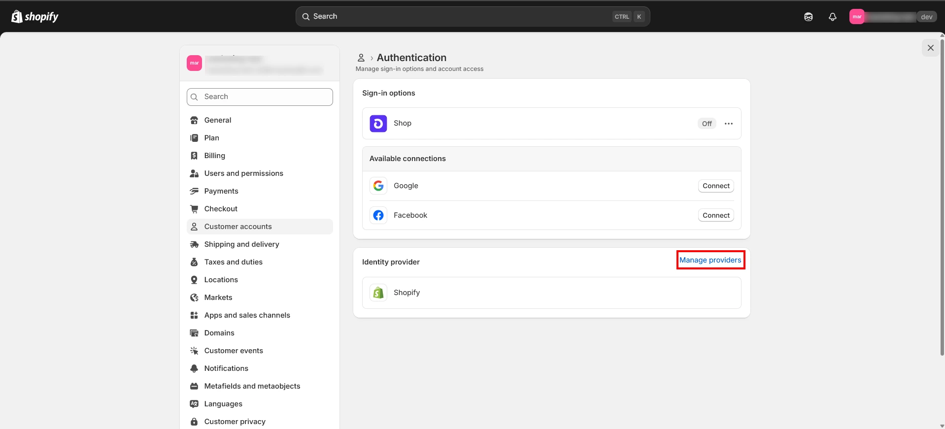 Customer accounts Manage providers list for identity providers