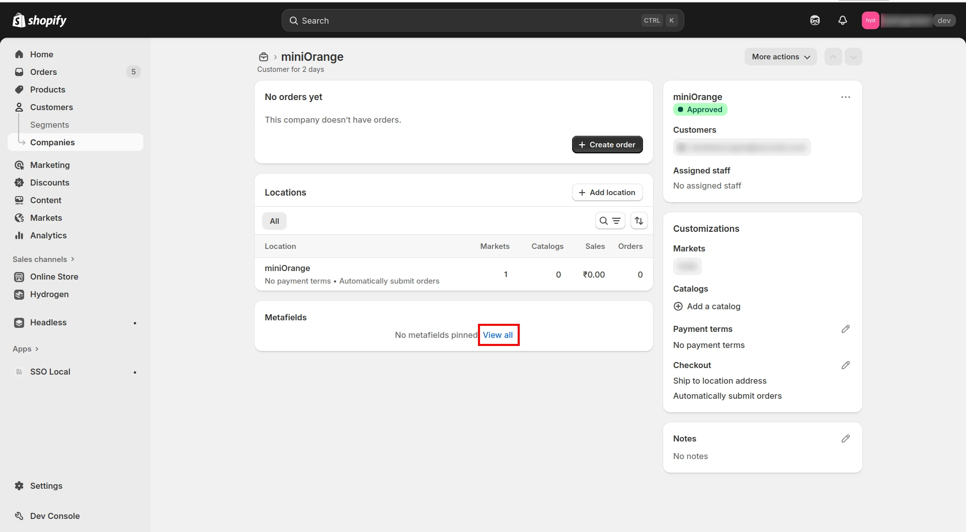 Company profile Metafields section with View All link in Shopify admin
