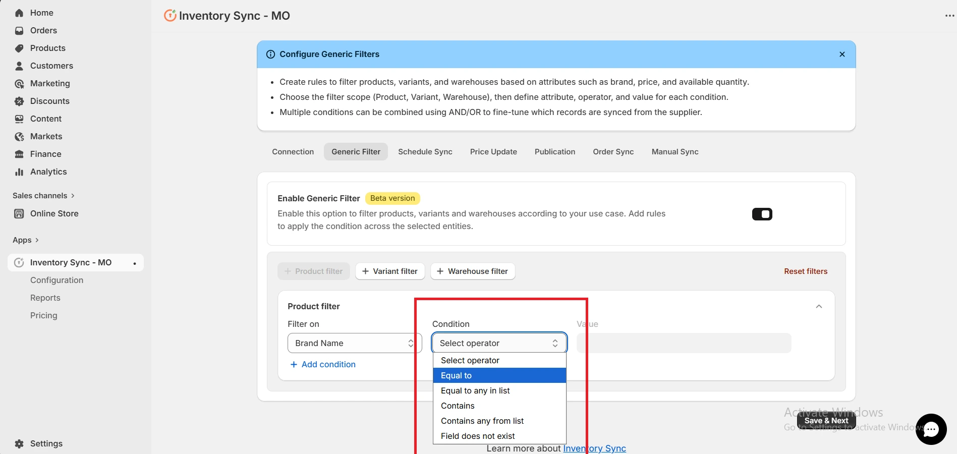 Shopify Amrod Integration - Add Conditions in Product Filter
