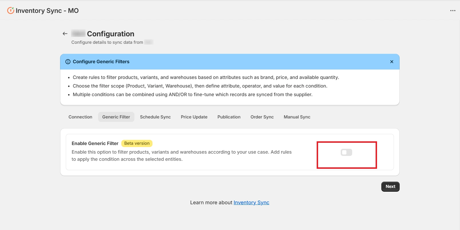 Shopify Generic Filter Configuration settings
