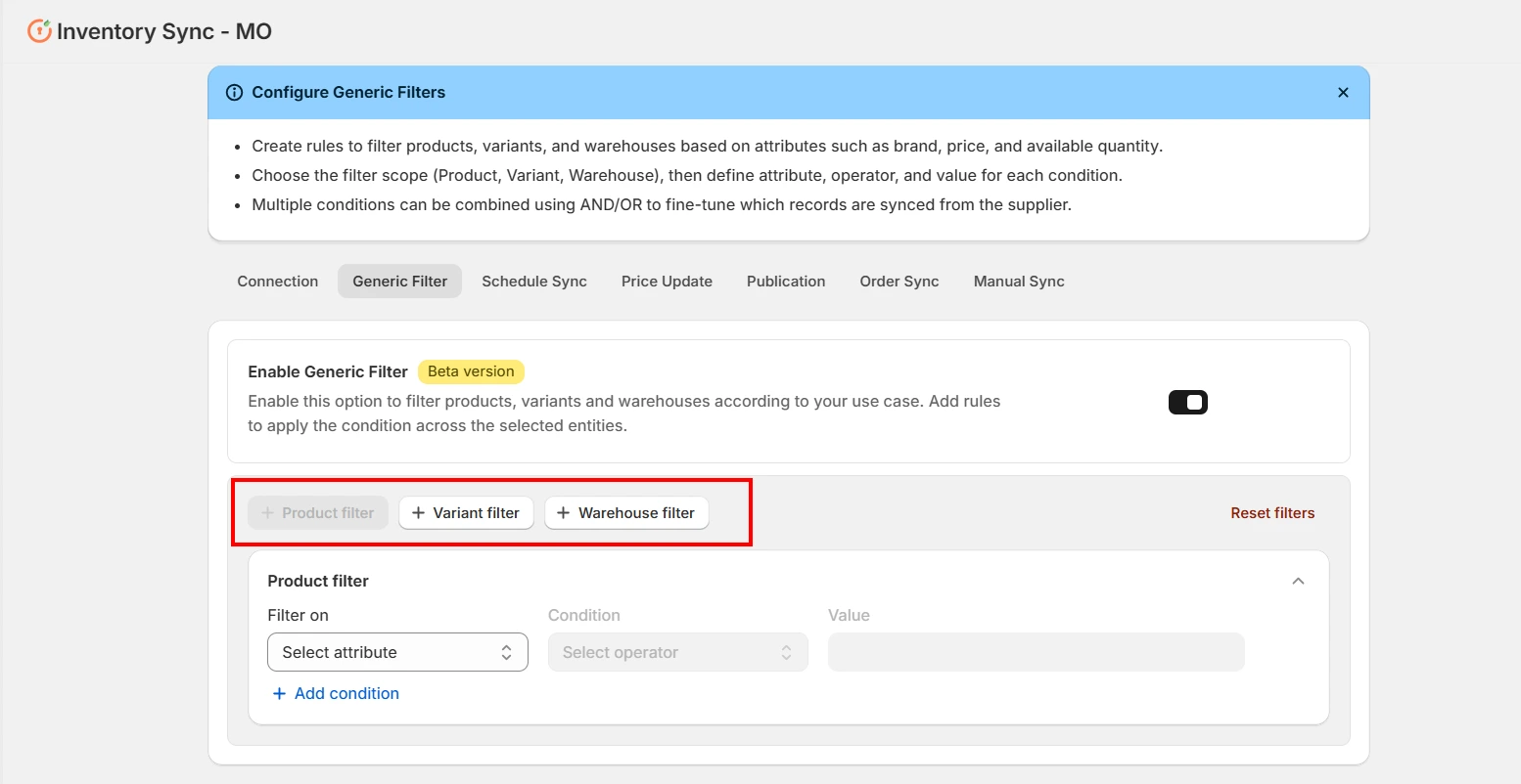 Shopify Amrod Integration - Sync Filters