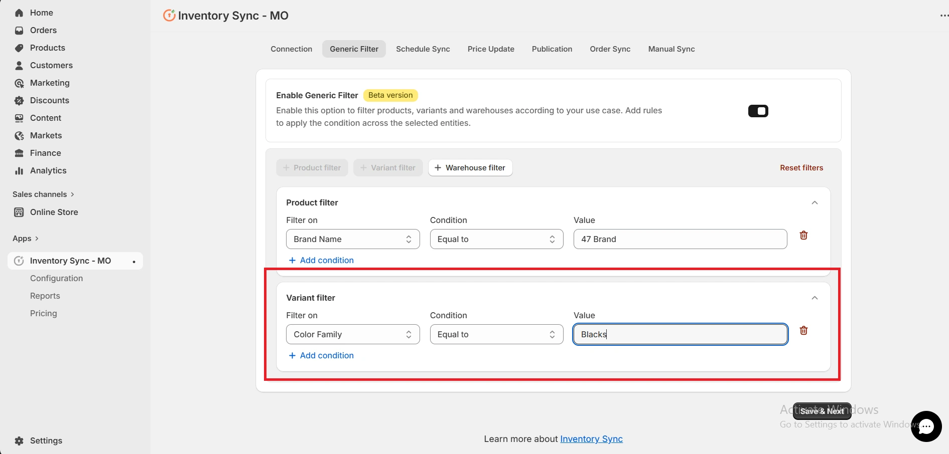 Shopify Amrod Integration - Variant Filter