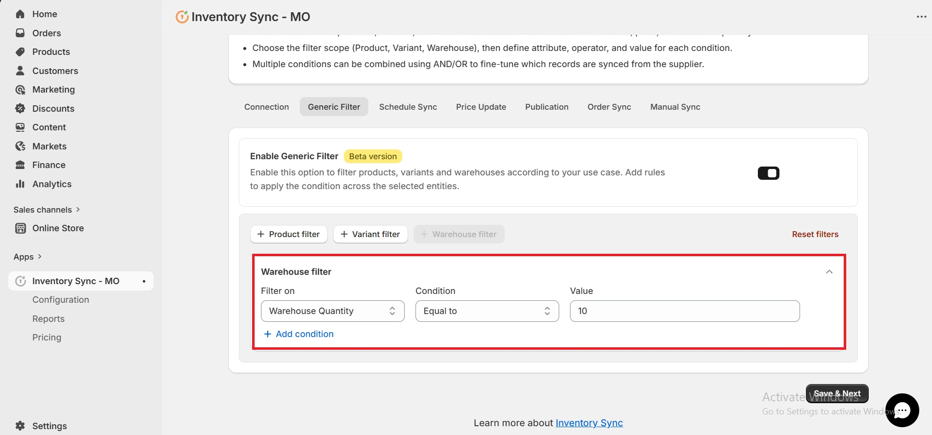 Shopify Amrod Integration - Warehouse Filter