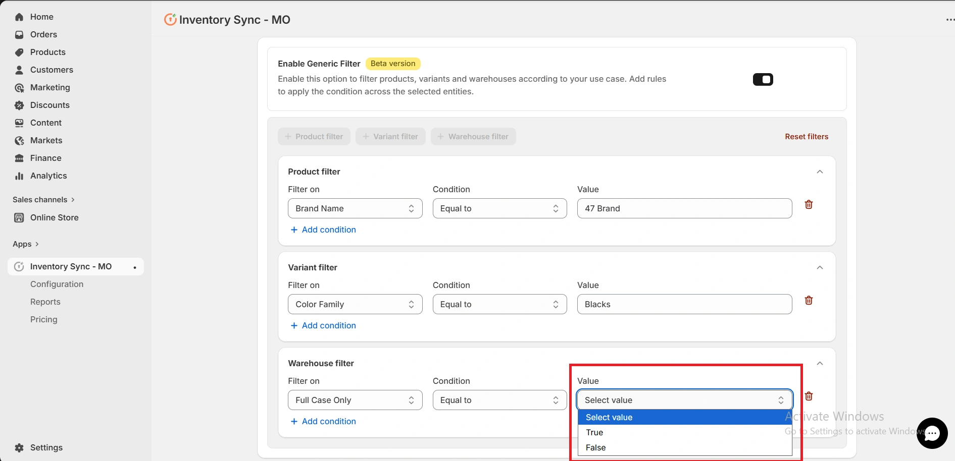 Shopify Amrod Integration - Warehouse Filter