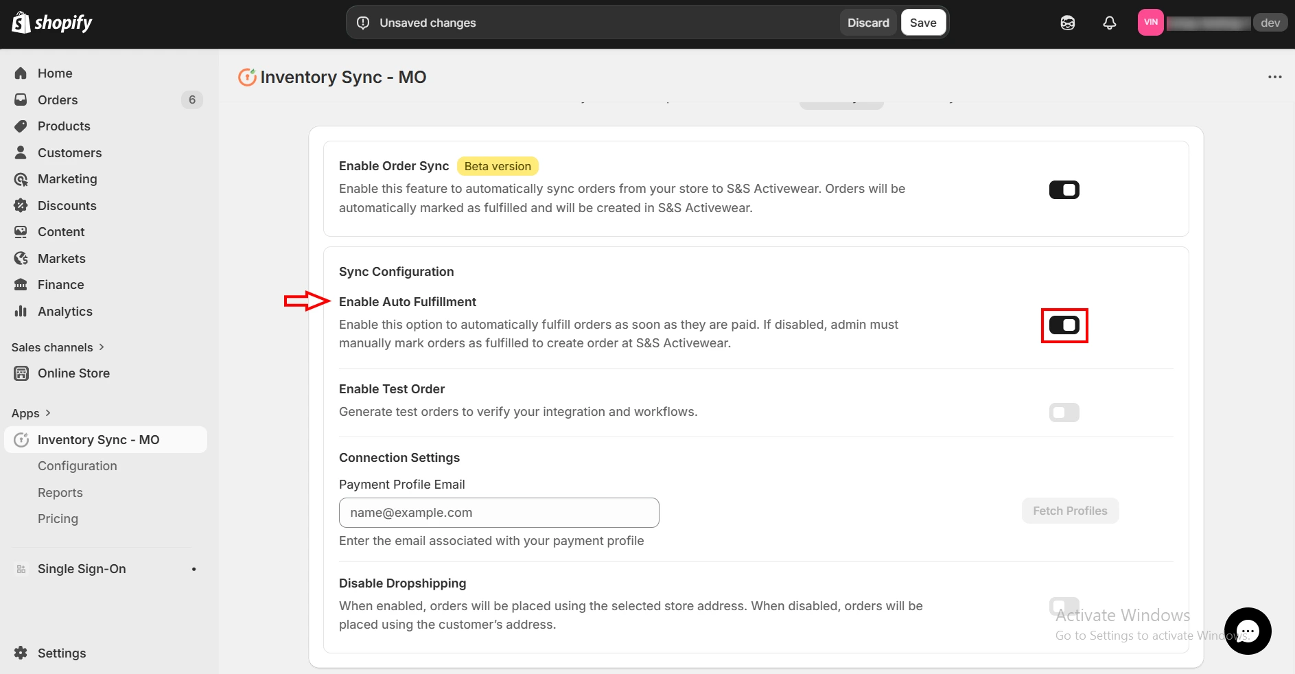 Shopify S&S Activewear Integration - Enable Auto Fulfillment