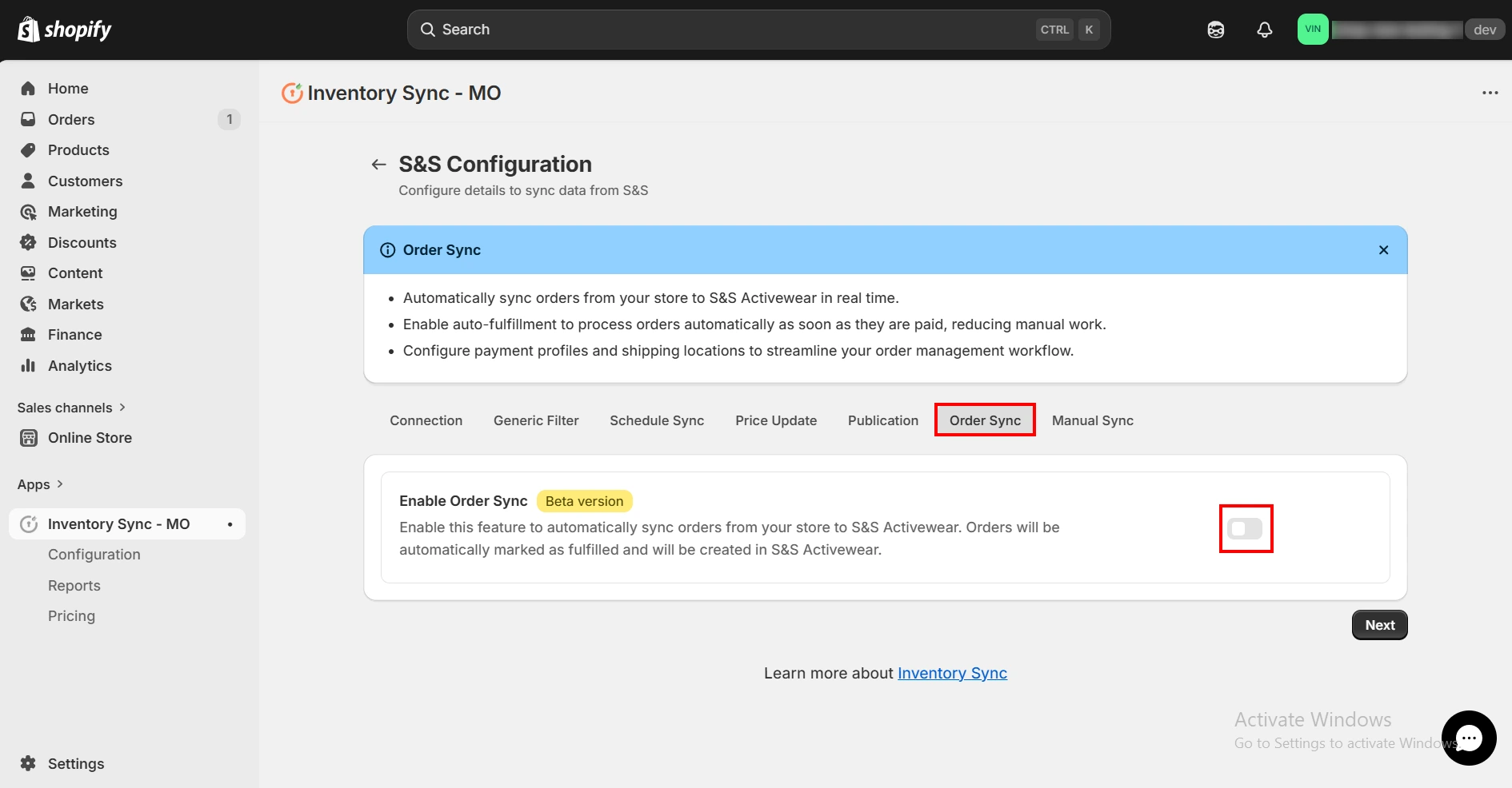 Shopify S&S Activewear Integration - Enable Order Sync