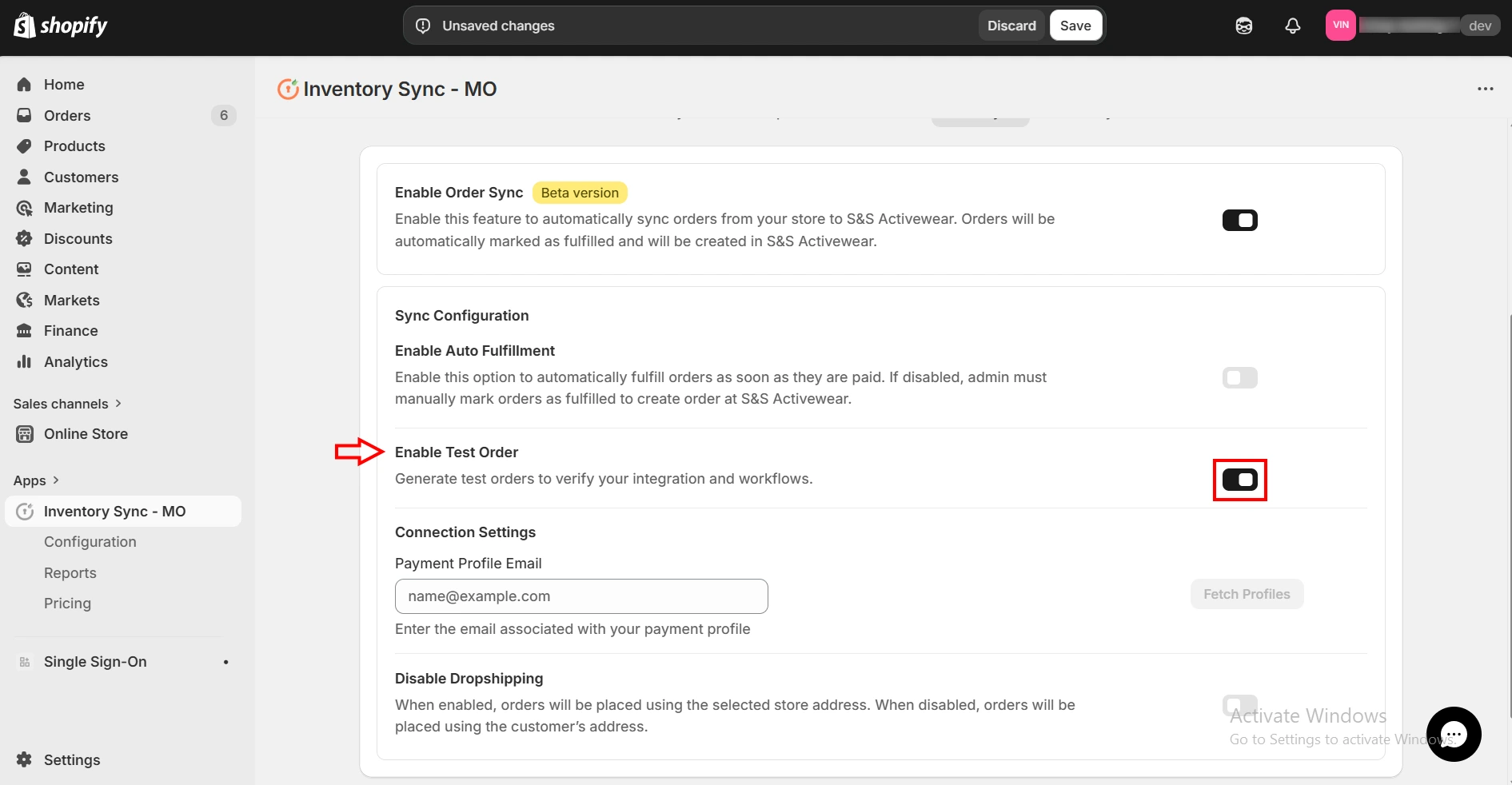 Shopify S&S Activewear Integration - Enable Test Order