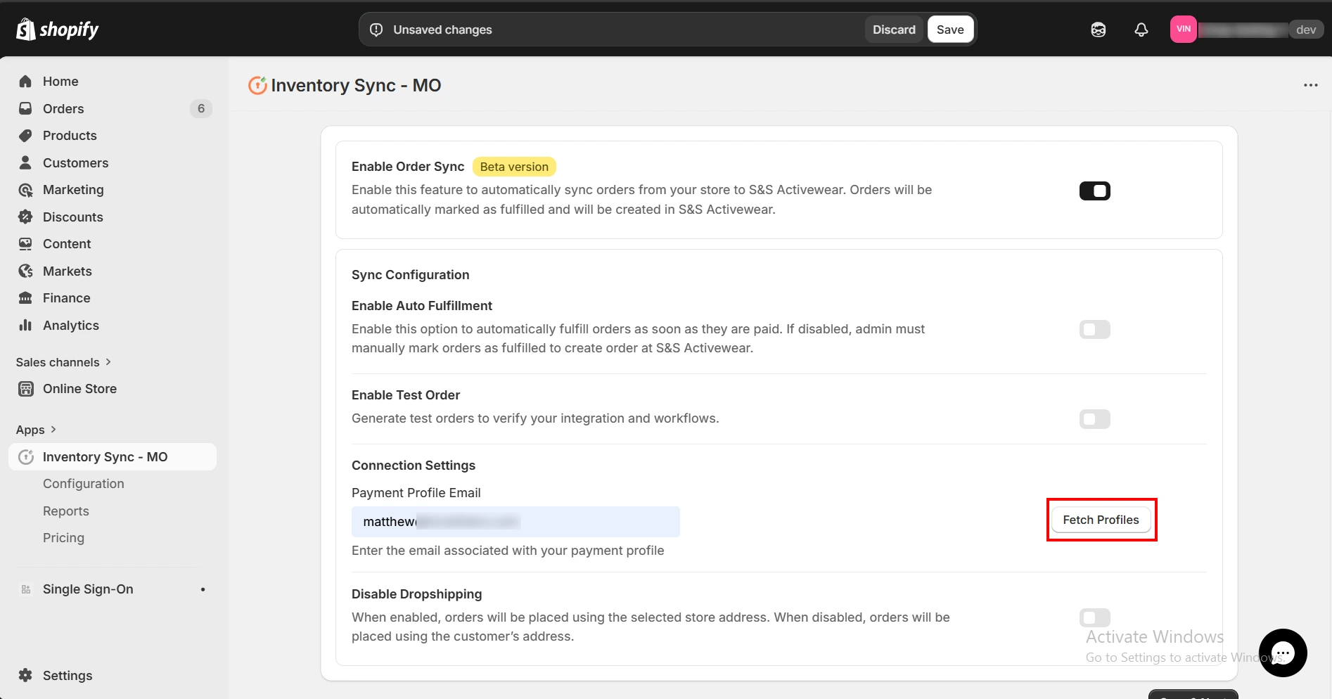 Shopify S&S Activewear Integration - Fetch Profiles