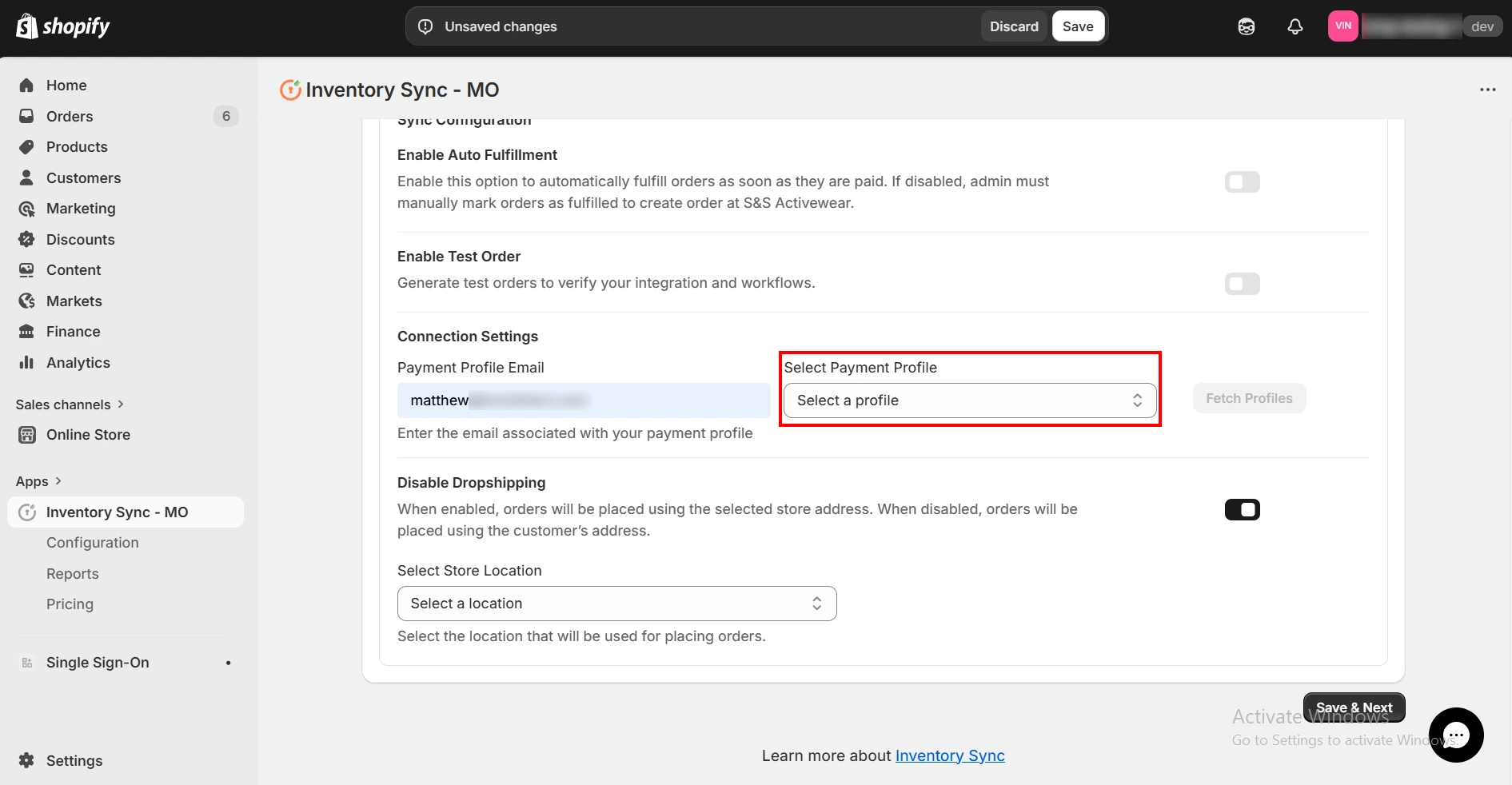 Shopify S&S Activewear Integration - Payment Profiles