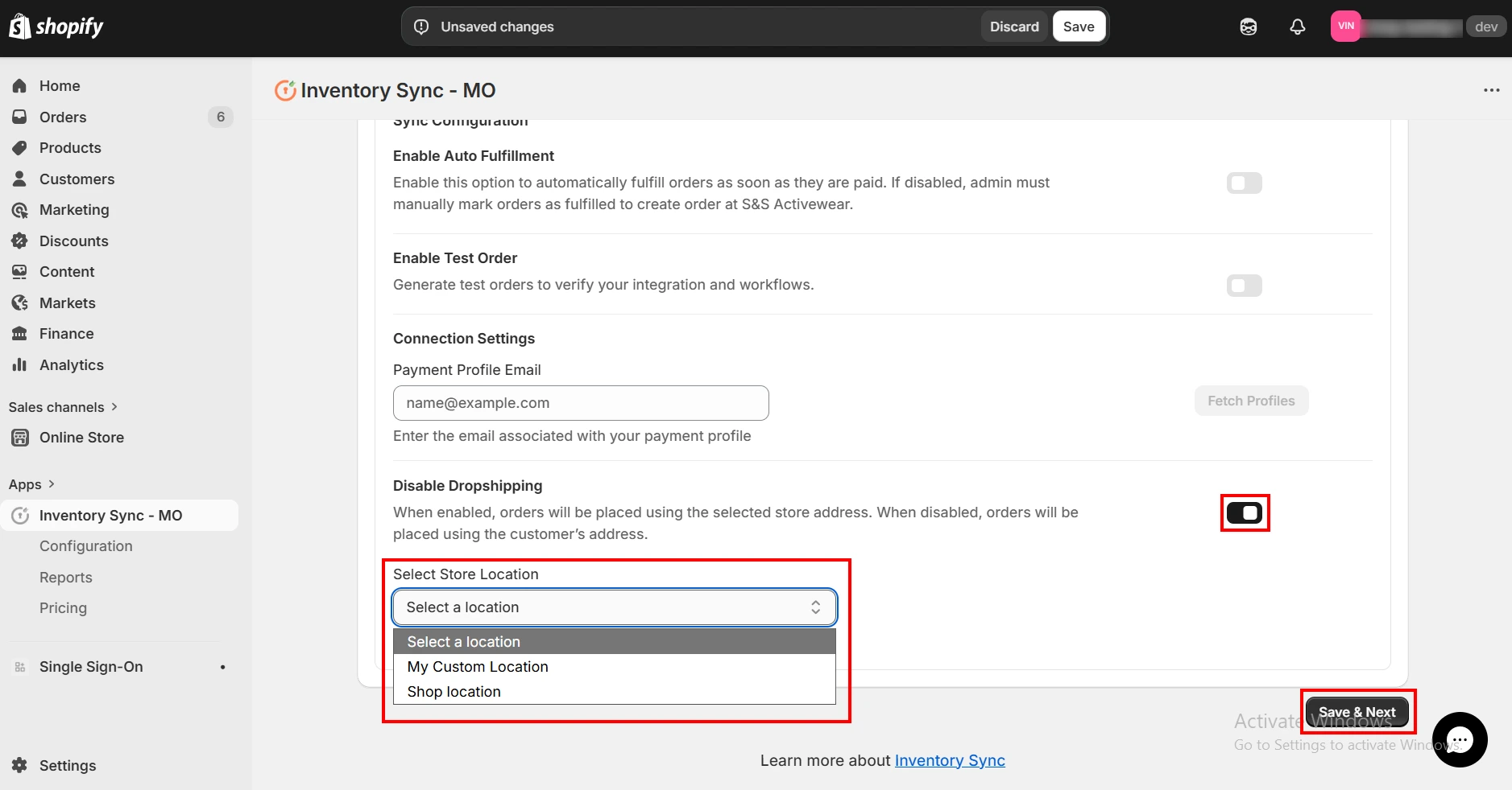 Shopify S&S Activewear Integration - Disable Dropshipping