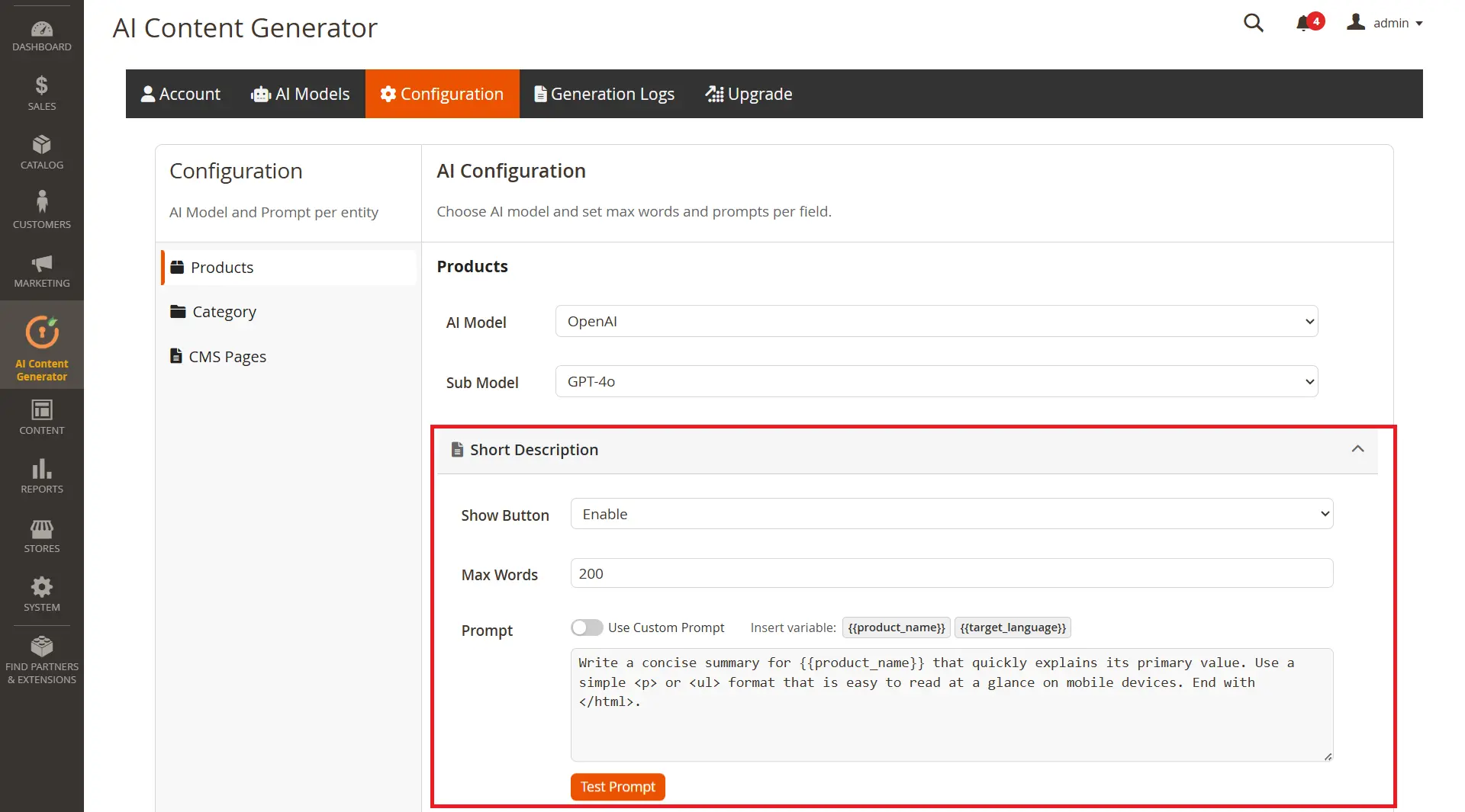 Magento ChatGPT AI Content Generator - Enable AI model and max words