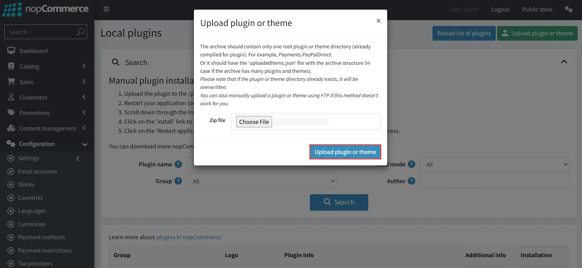 nopCommerce - Upload Plugin popup window