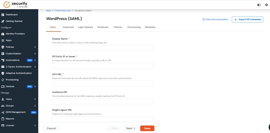 Configure miniOrange as IDP - Fill WordPress SAML metadata details
