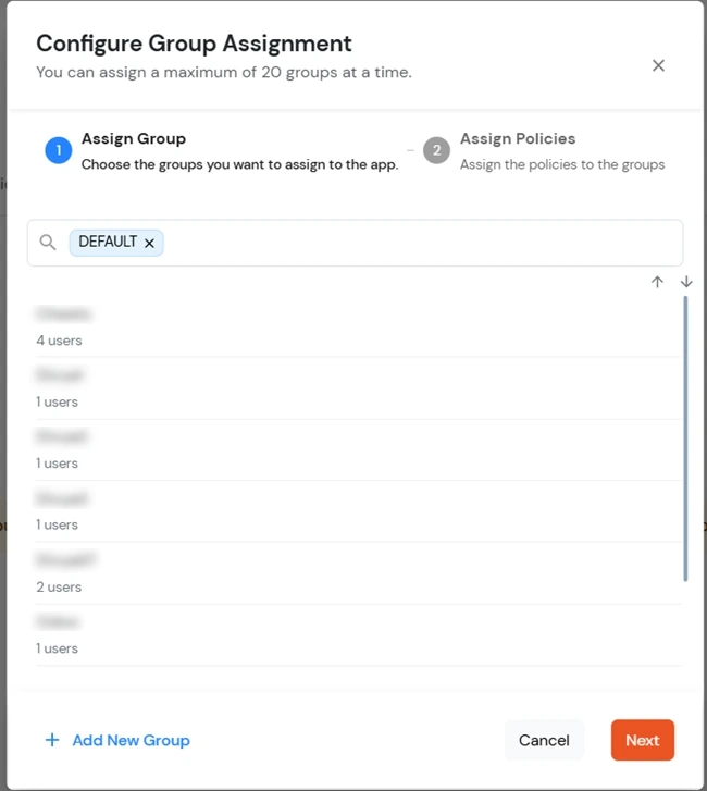 Configure miniOrange as IDP - Assign Group dialog step 1