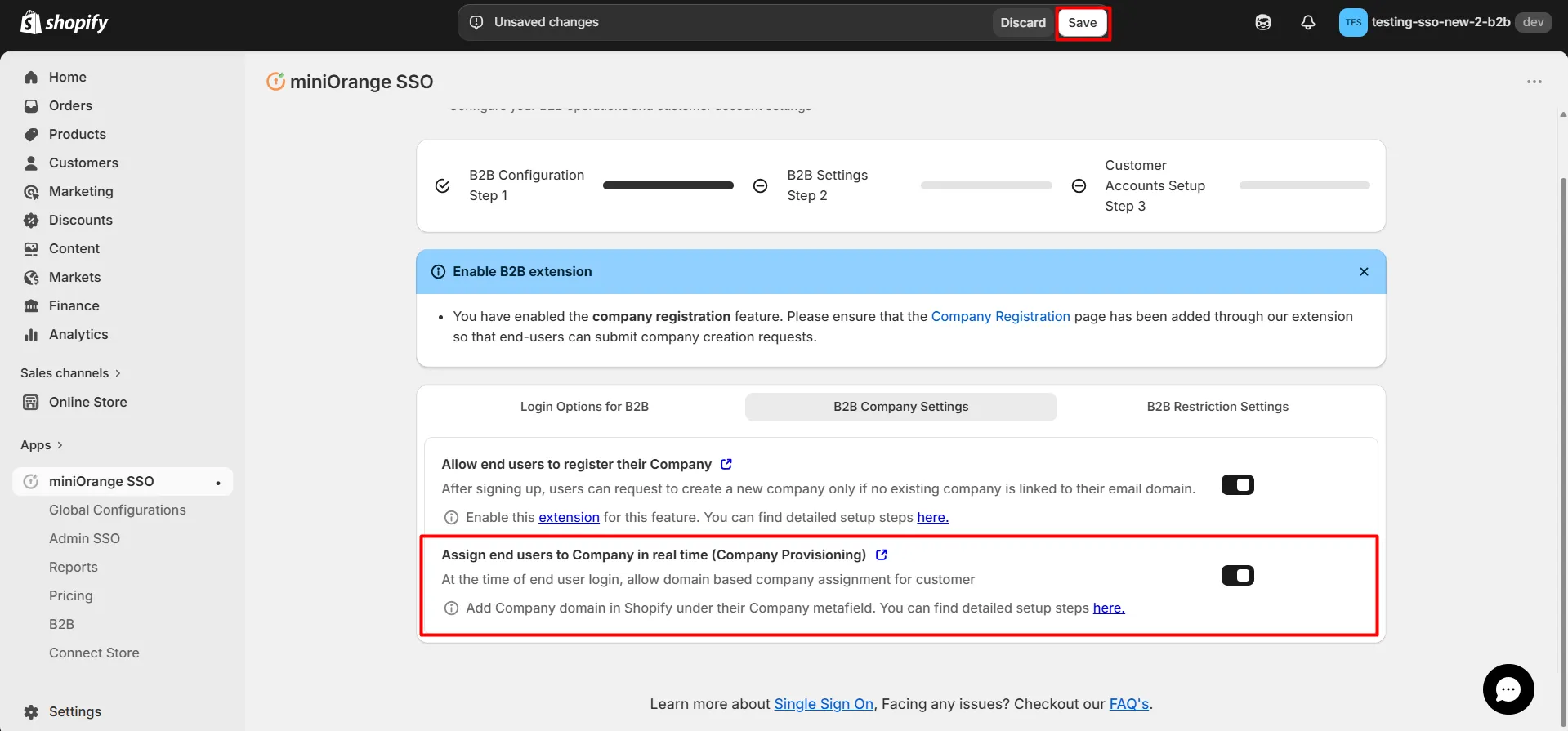 Enable company provisioning toggle in B2B Company Settings
