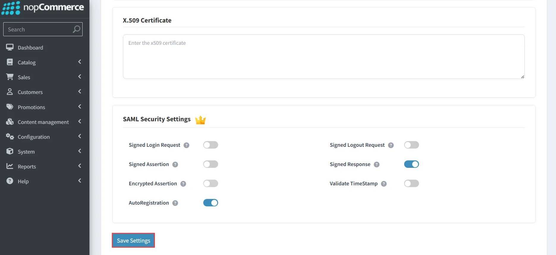 nopCommerce - Entity Id, SSO Url, SAML Certificate