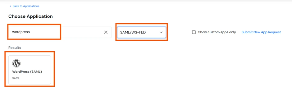 Configure miniOrange as IDP - Select WordPress SAML application
