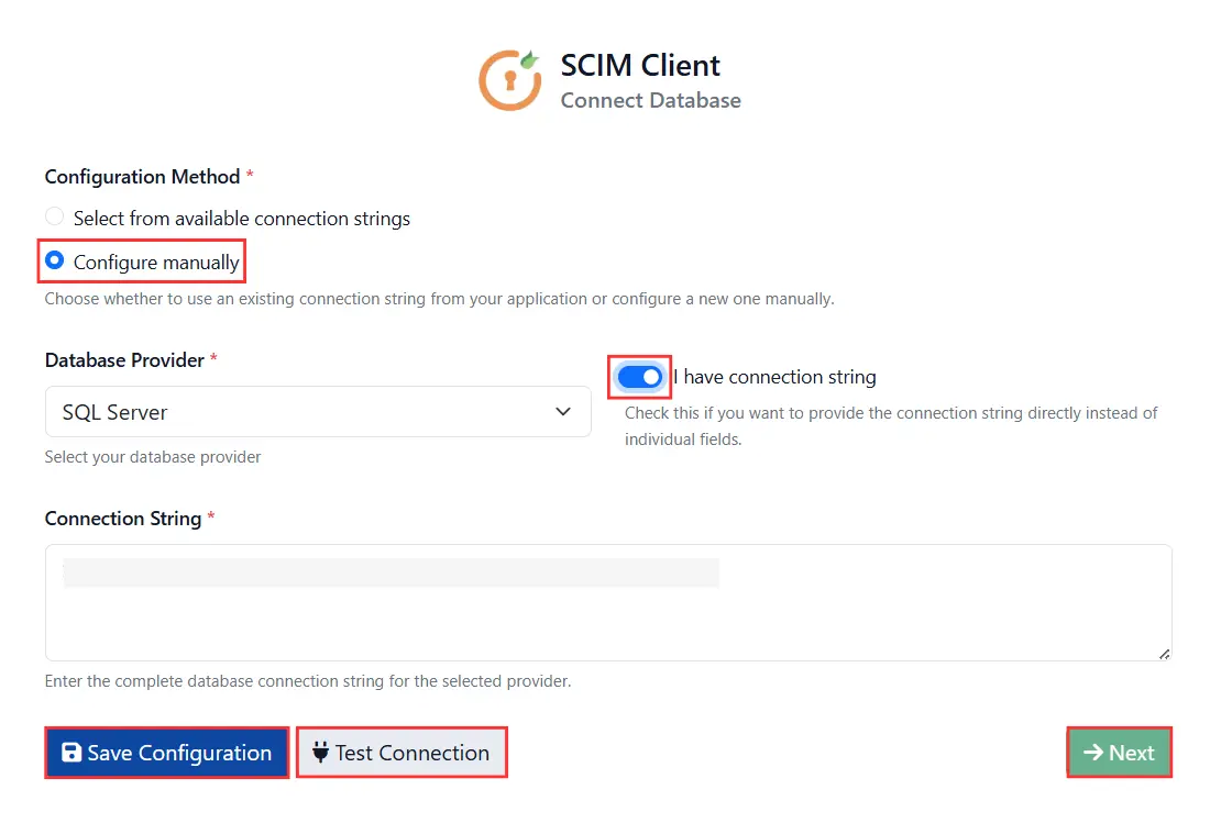 ASP.NET SCIM Client - Connection String Toggle Button