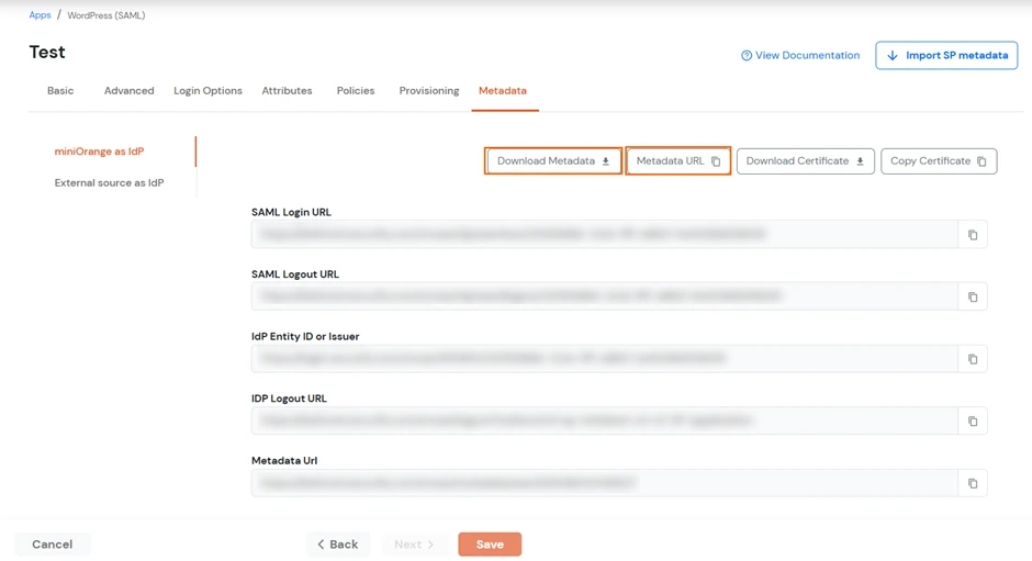 Configure miniOrange as IDP - Download metadata from Metadata tab