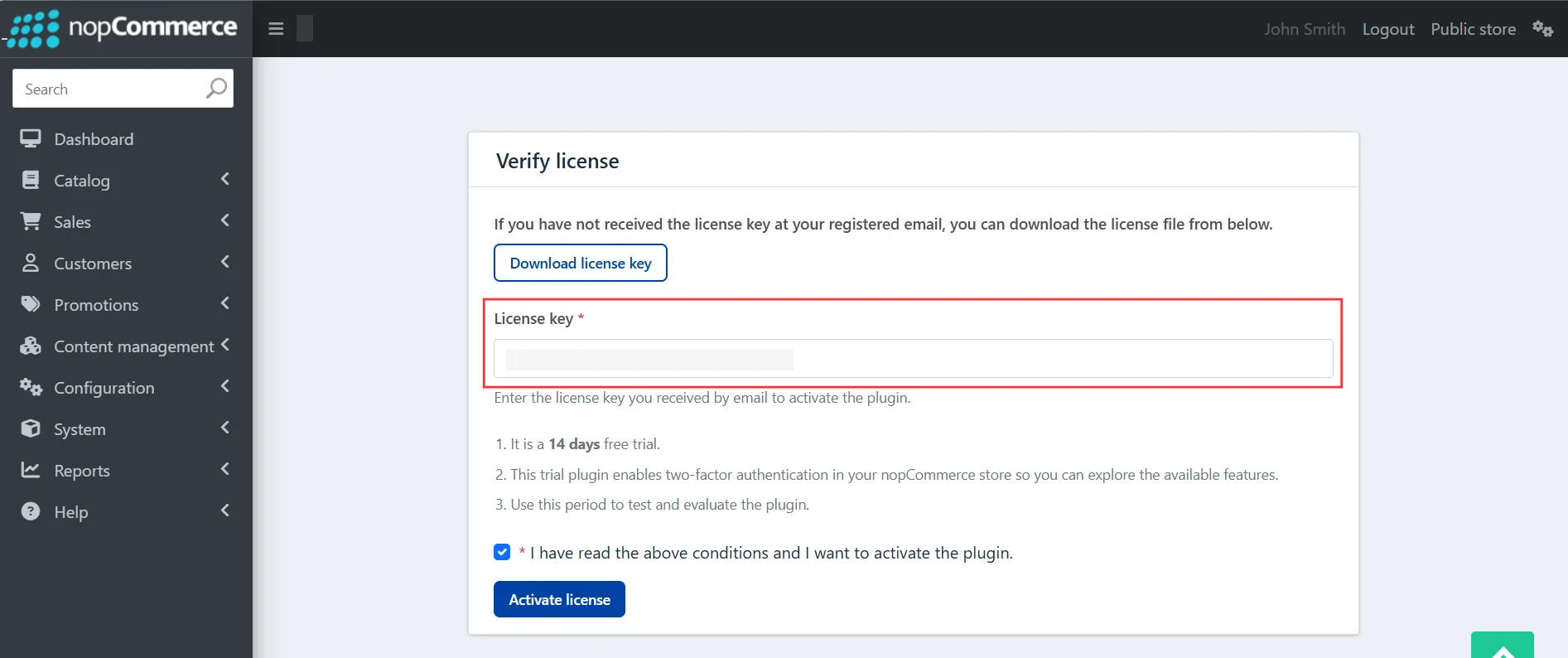 nopCommerce - Activate the plugin