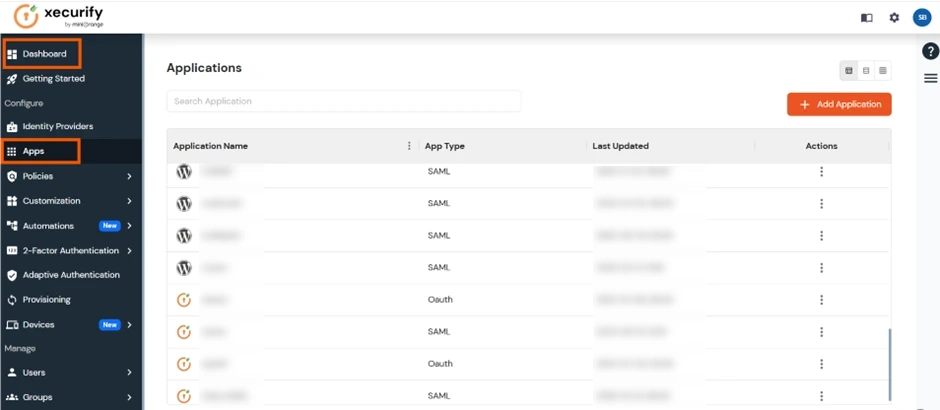 Configure miniOrange as IDP - Add Application screen