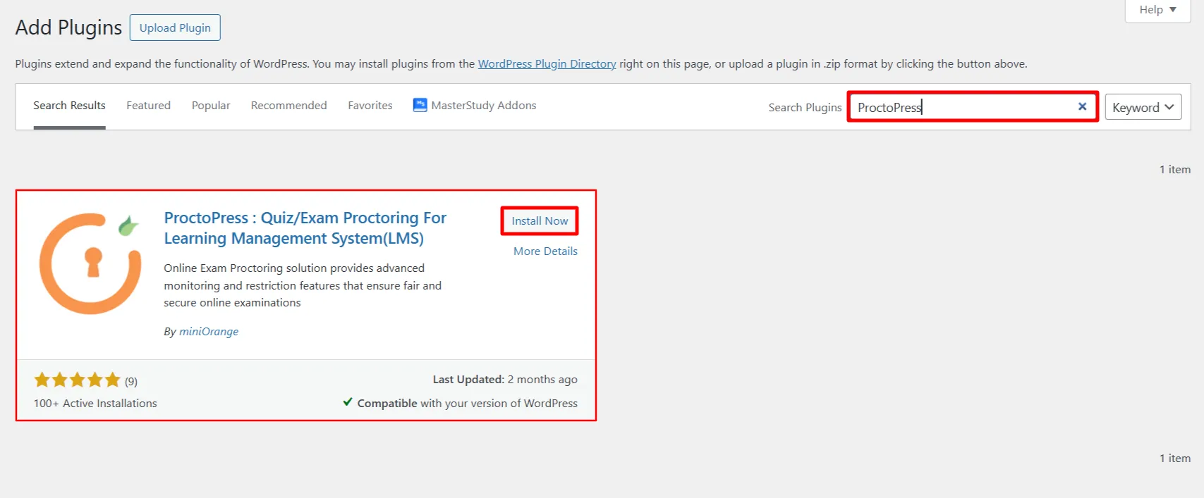 Online Proctoring plugin for WordPress - Click Install now button