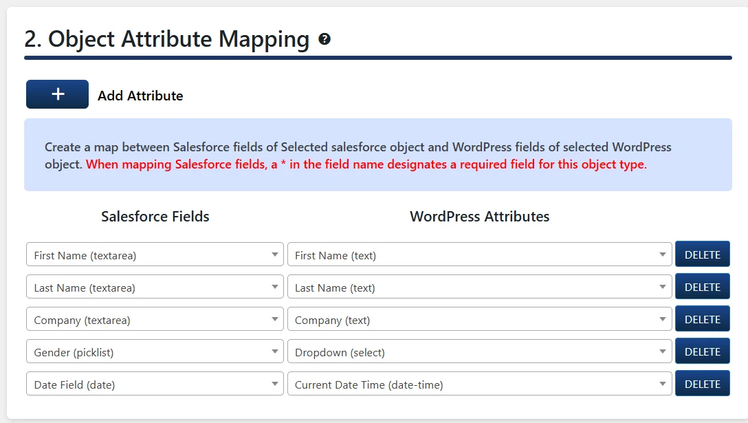 Configure Salesforce Sync with WordPress - Object Attribute Mapping