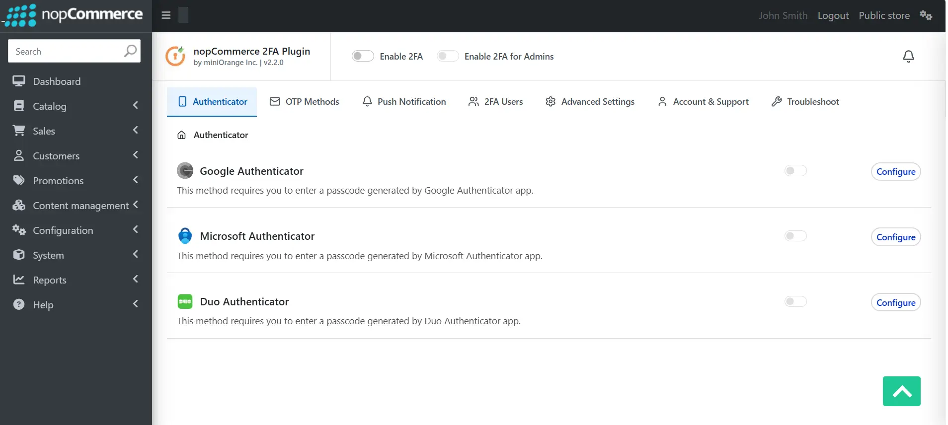 nopCommerce 2FA - Dashboard