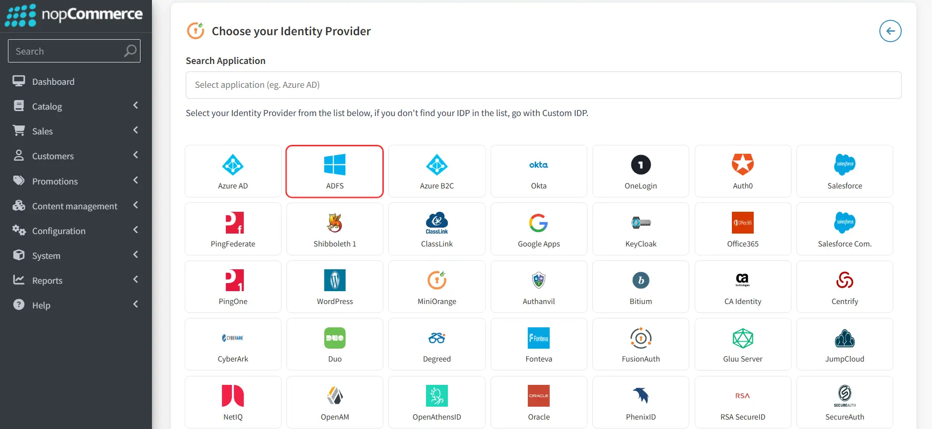 nopCommerce - IdP-Liste