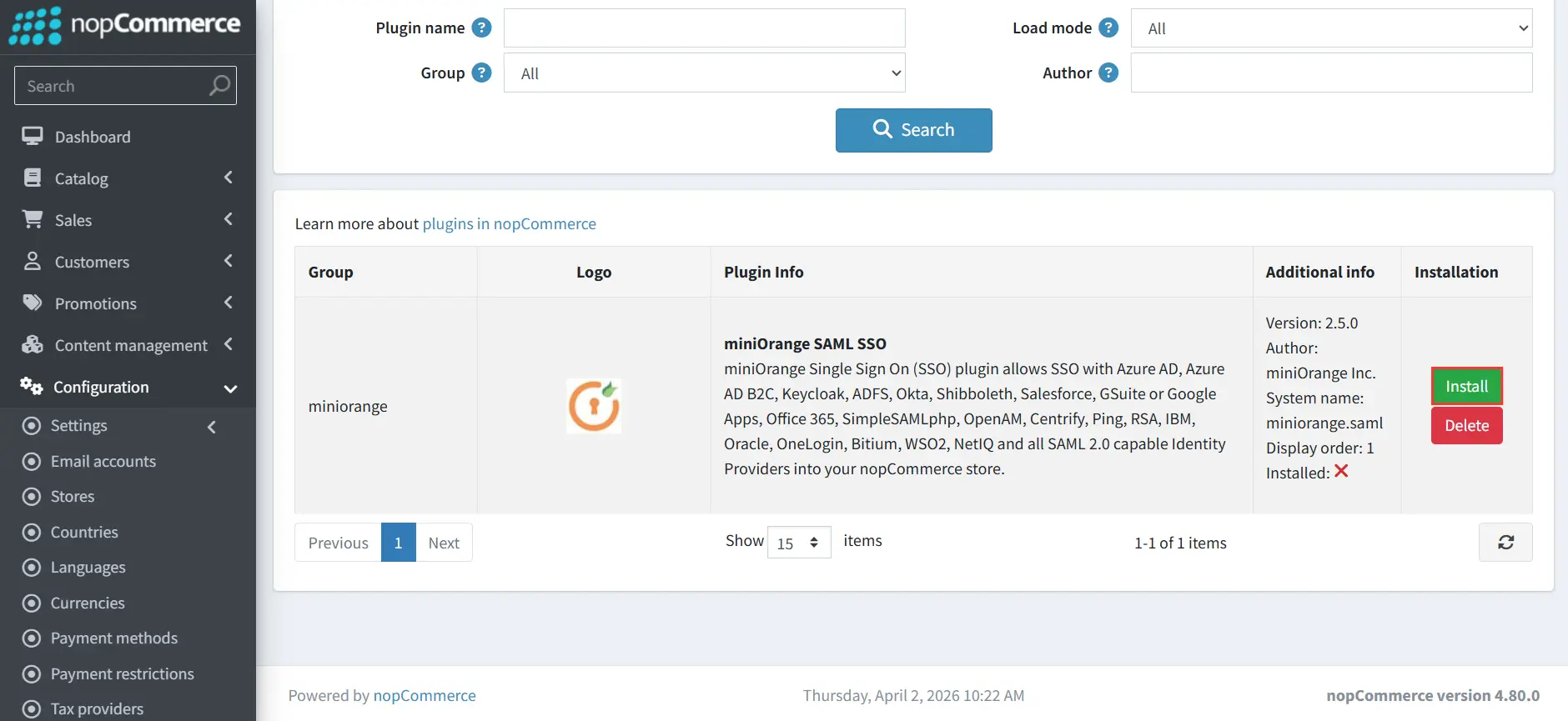 nopCommerce - Install Plugin