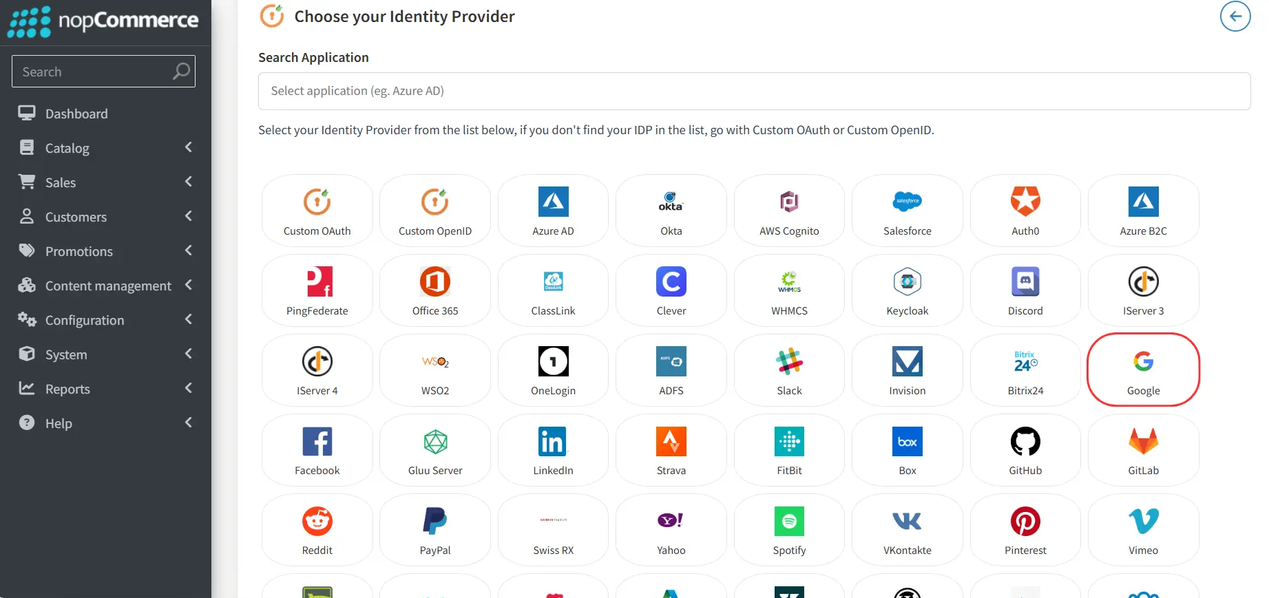 nopCommerce Oauth- Identity Provider List