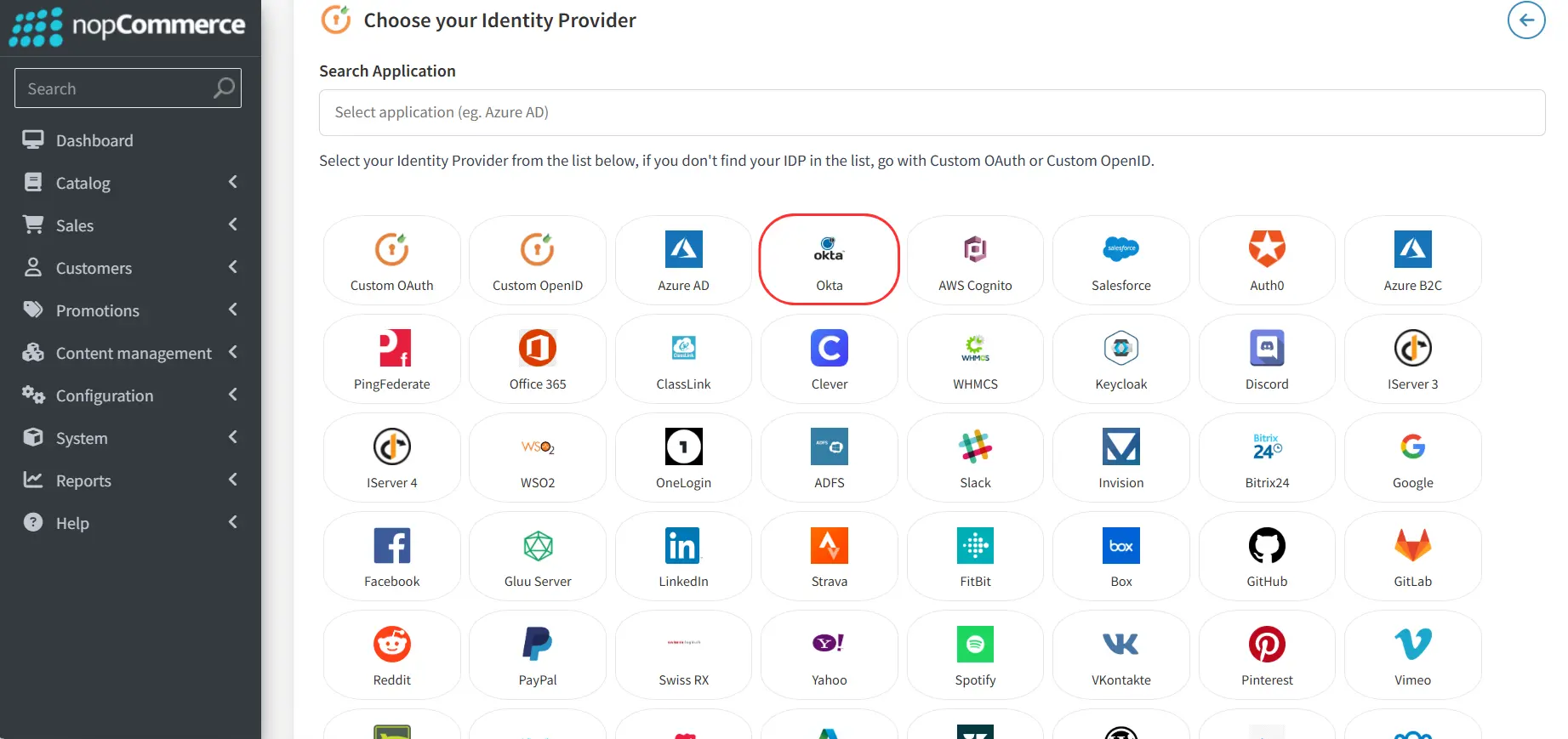 nopCommerce Oauth- Identity Provider List