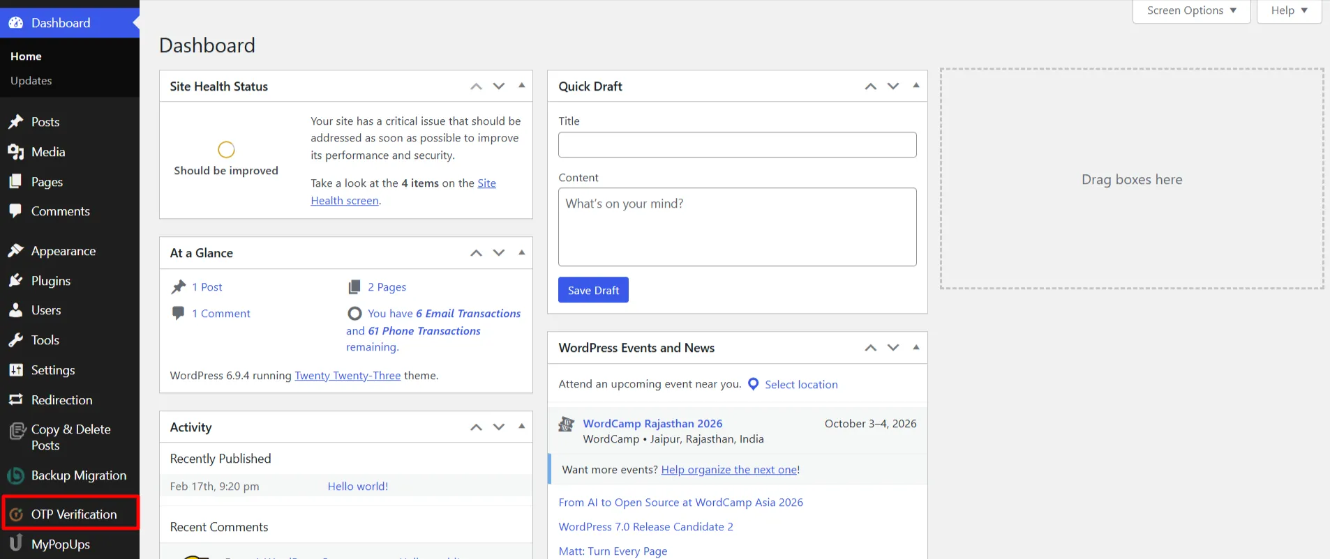 OTP Spam Preventer Setup Guide - WordPress Dashboard