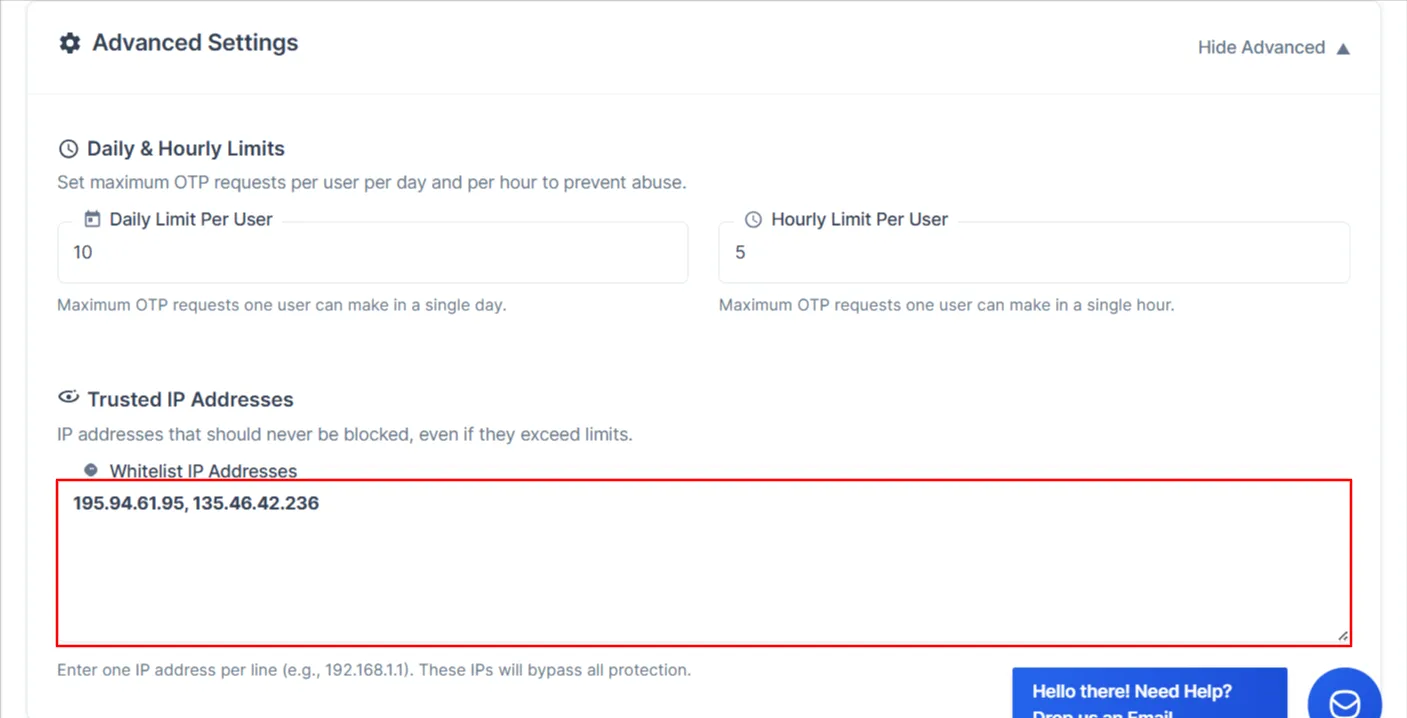Prevent OTP Spam - Enter Whitelist IP's