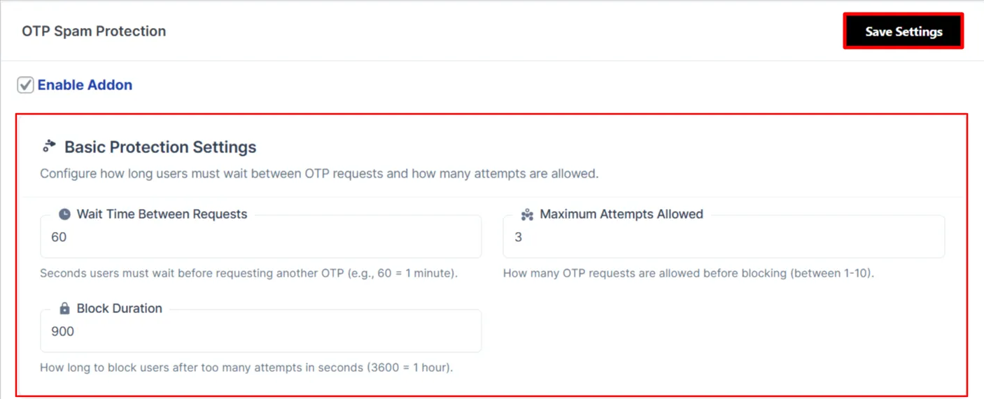 OTP Abuse Prevention - Fill Basic Protection Setting