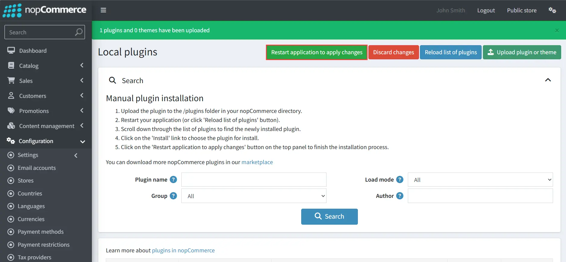 nopCommerce - Restart application