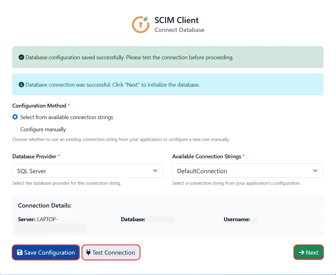 ASP.NET SCIM Client - Save and Test Connection
