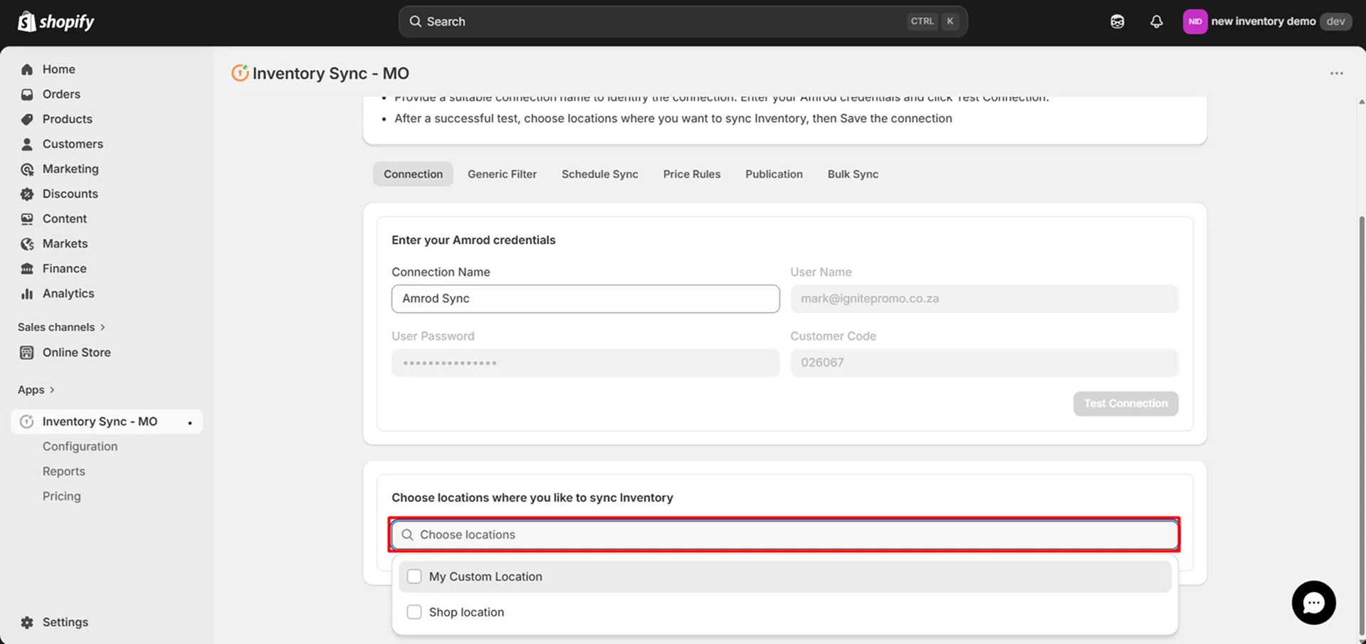 Connect Amrod to Shopify using Inventory Sync - Select Store Locations to Sync