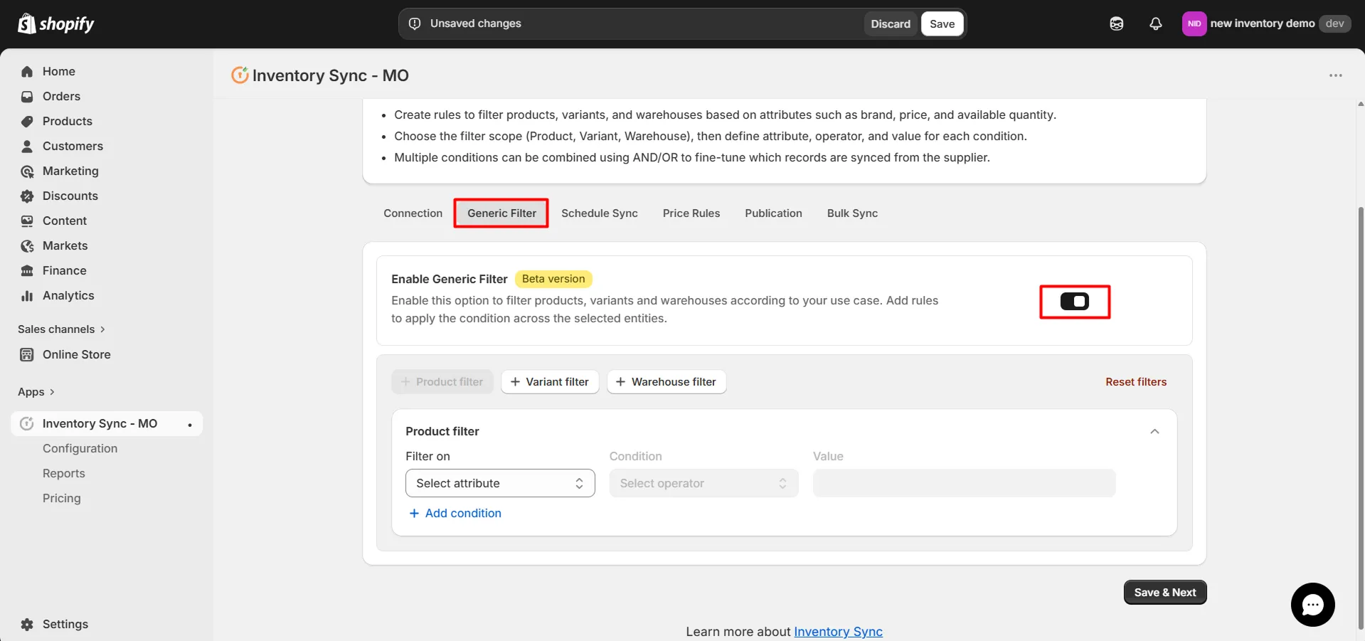 Shopify Generic Filter Configuration settings