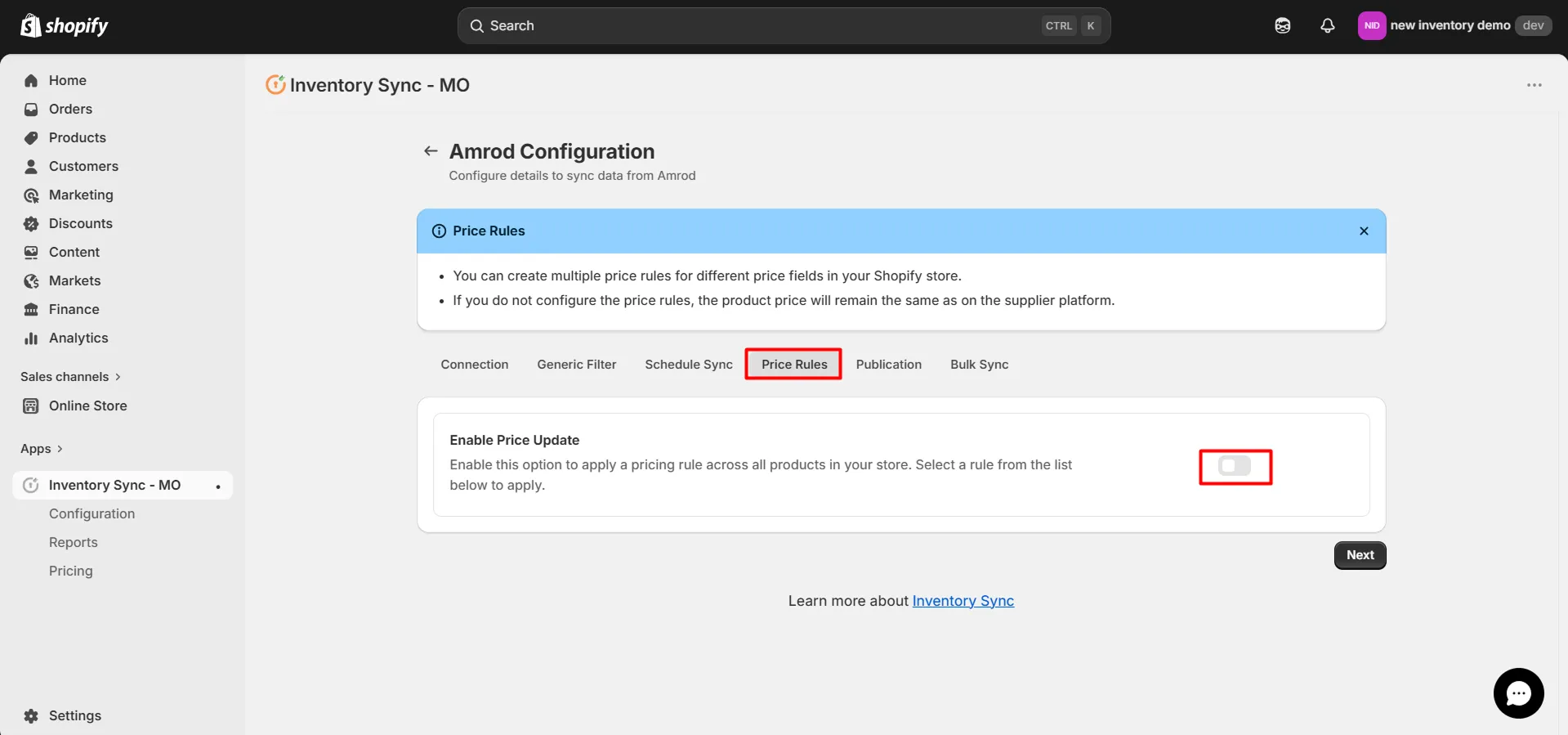 Connect Amrod to Shopify using Inventory Sync - Select Store Locations to Sync