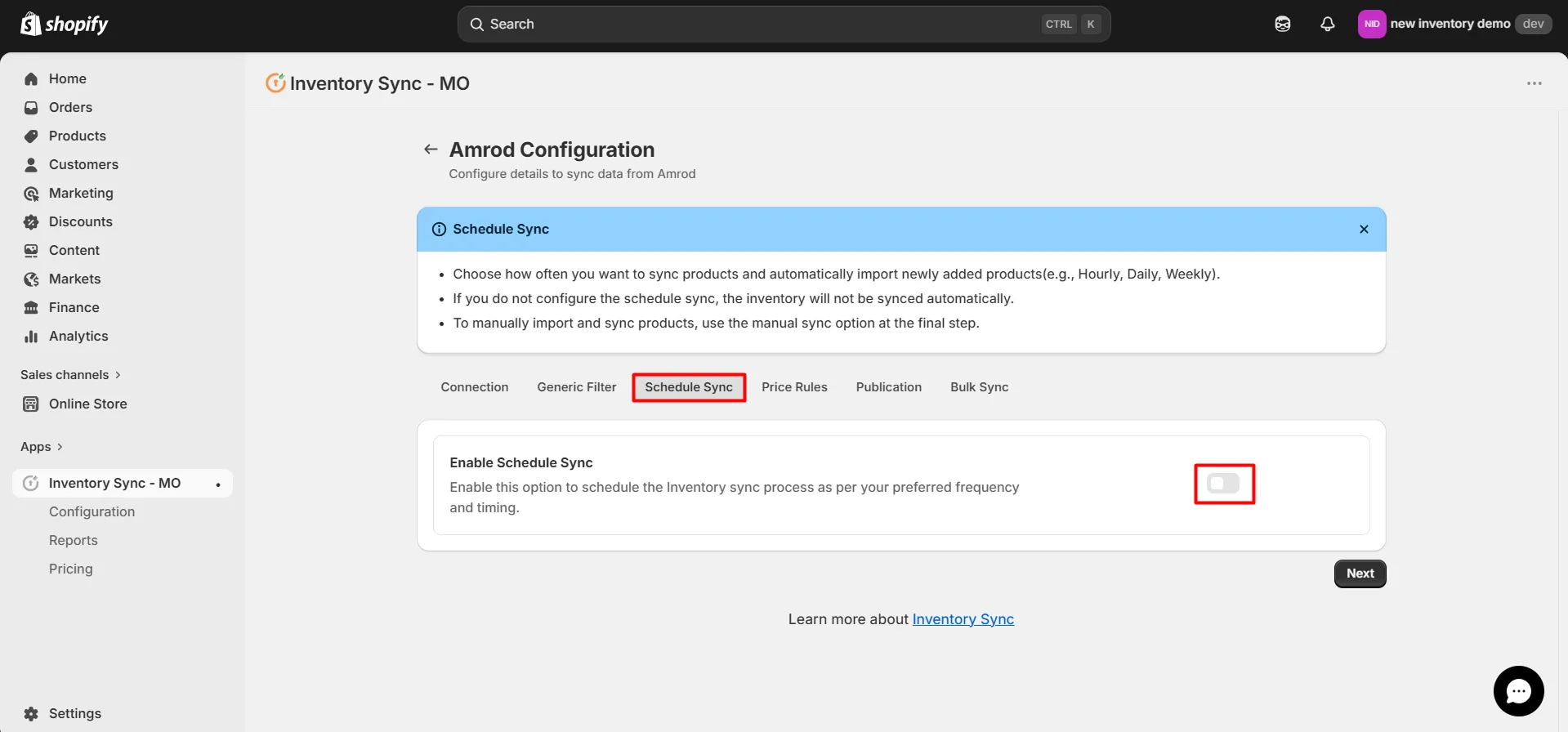 Connect Amrod to Shopify using Inventory Sync - enable schedule Sync
