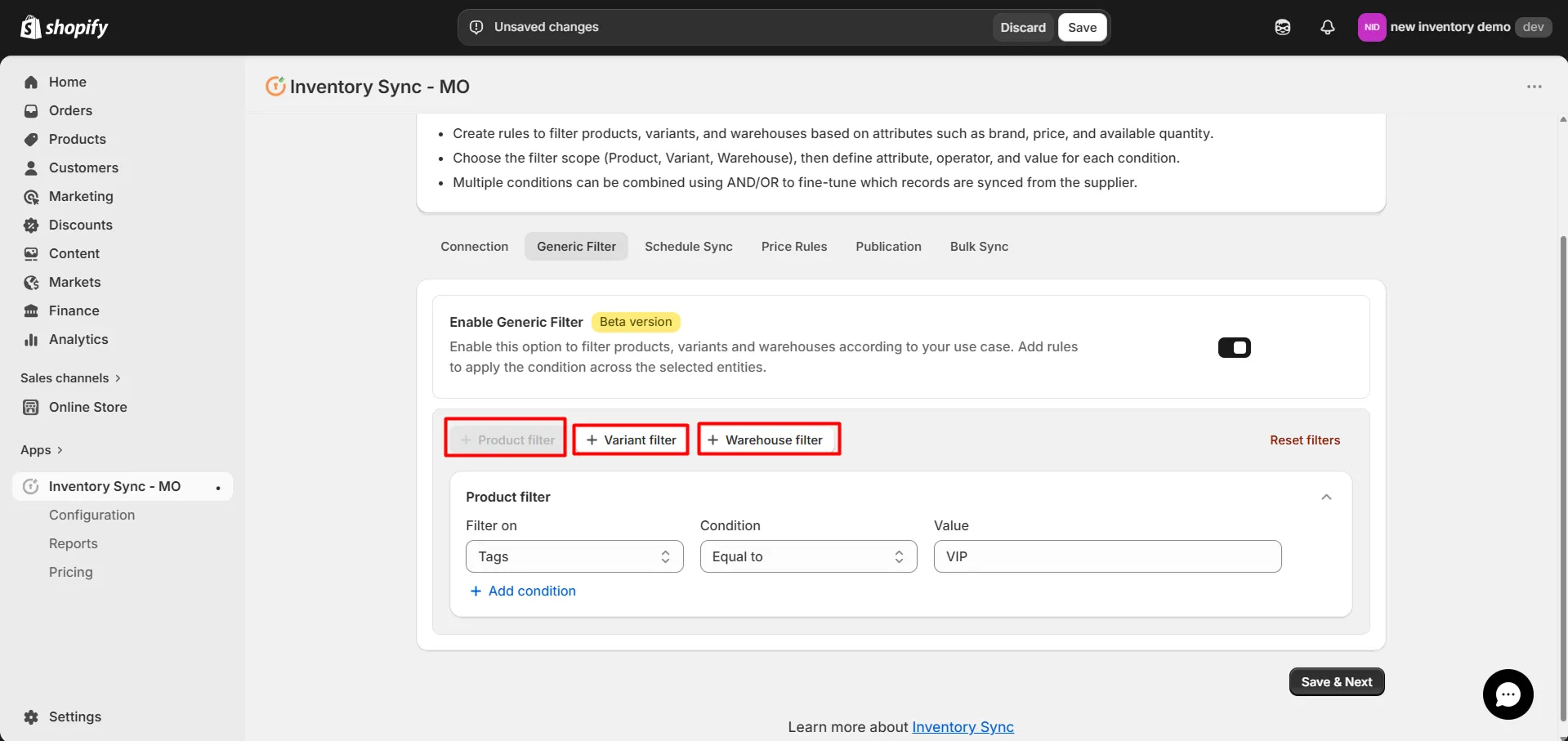 Shopify Amrod Integration - Sync Filters