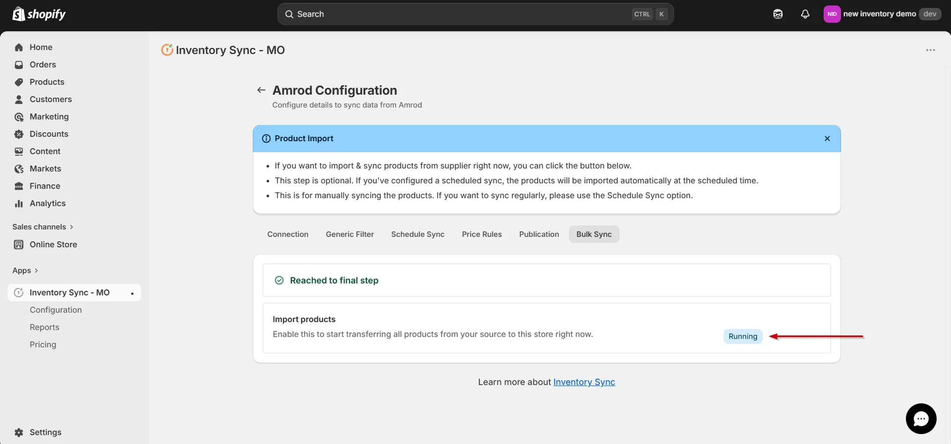 Connect Amrod to Shopify using Inventory Sync - Import product running