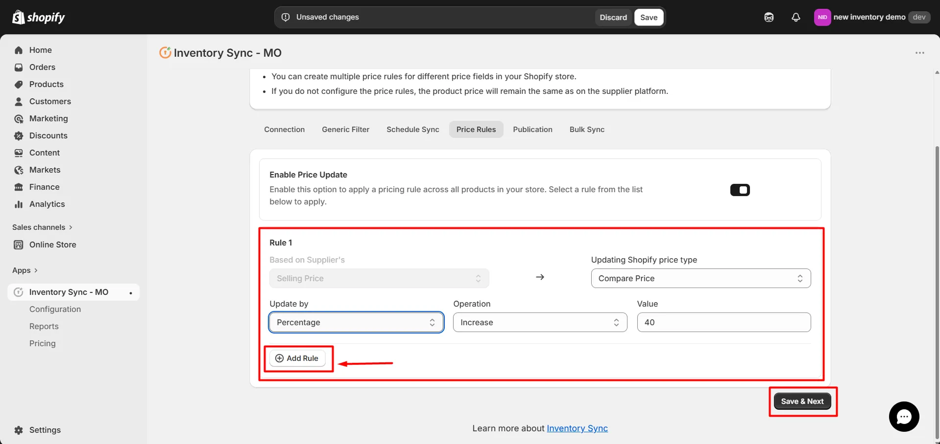 Conecte Amrod a Shopify mediante Inventory Sync: actualización de reglas de precios