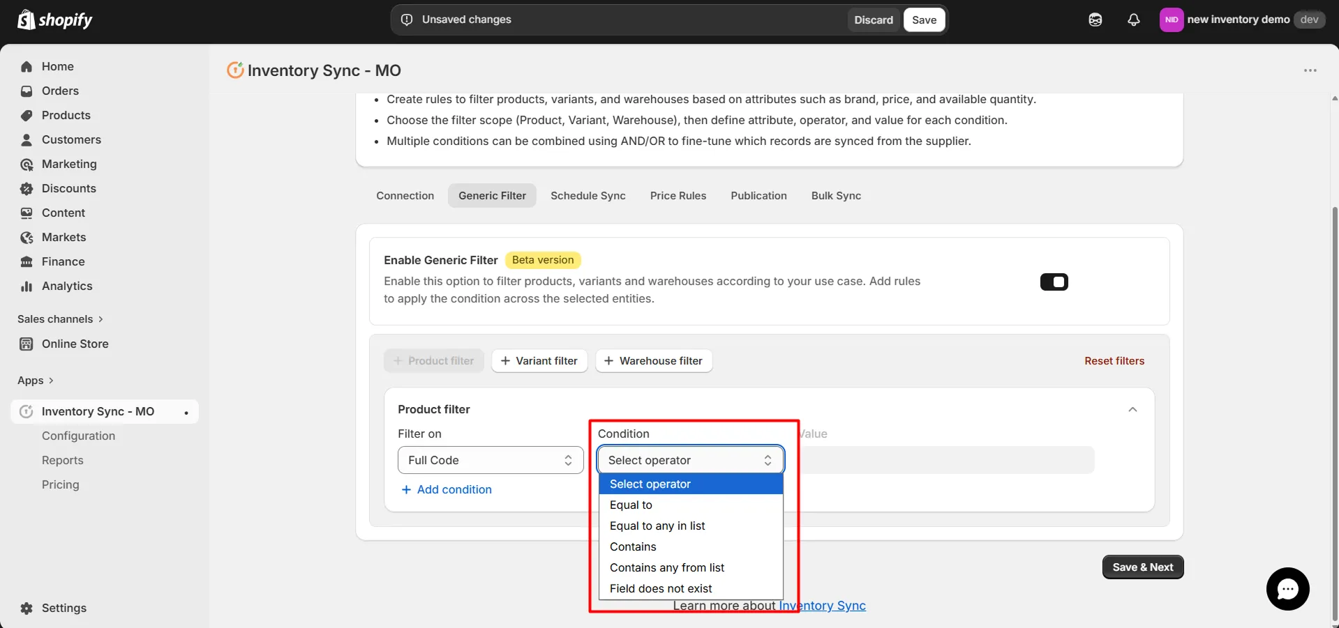 Shopify Amrod Integration - Add Conditions in Product Filter